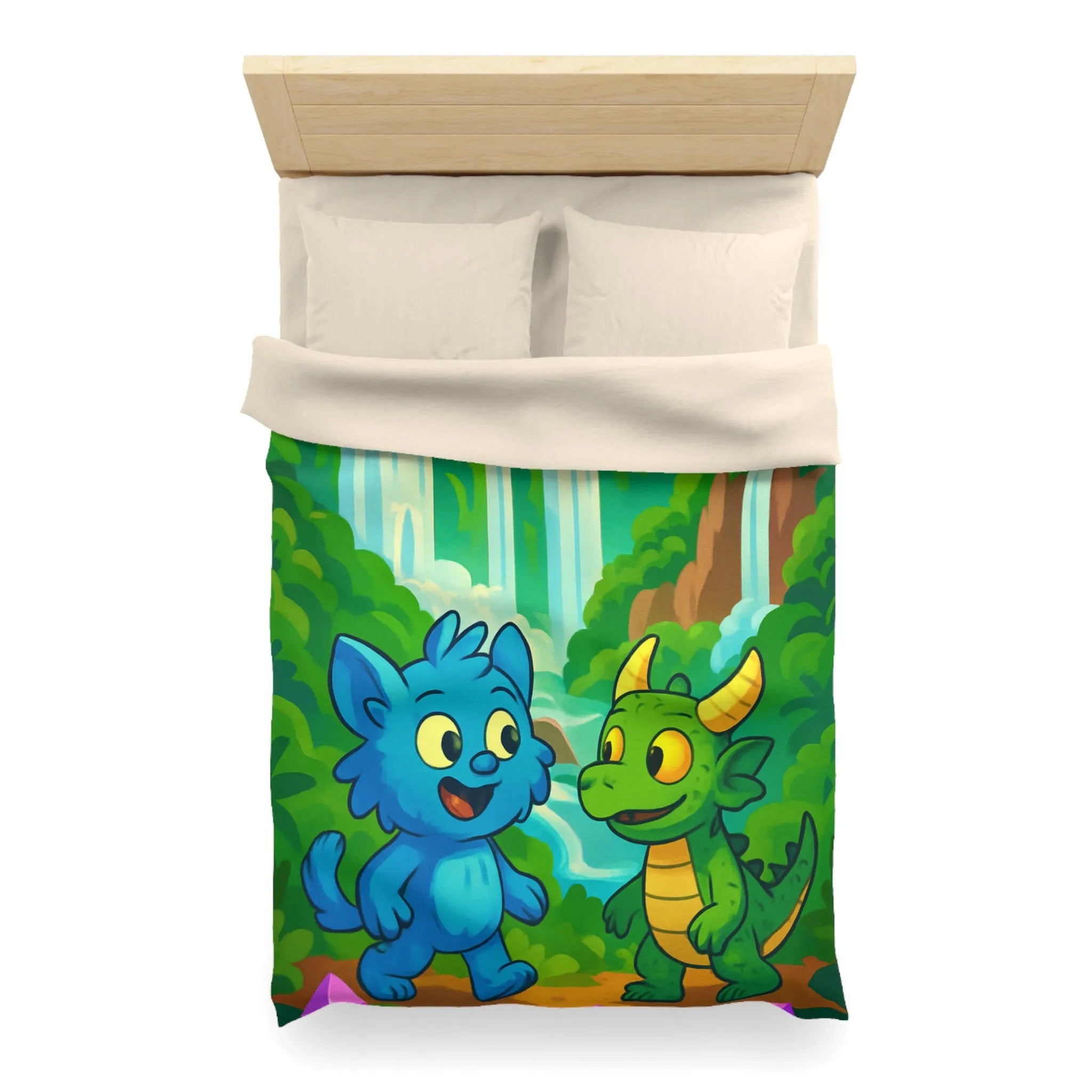 Housse de Couette Fantaisie Enfants Avec Animaux et Paysage Magique Coloré Vert et Bleu