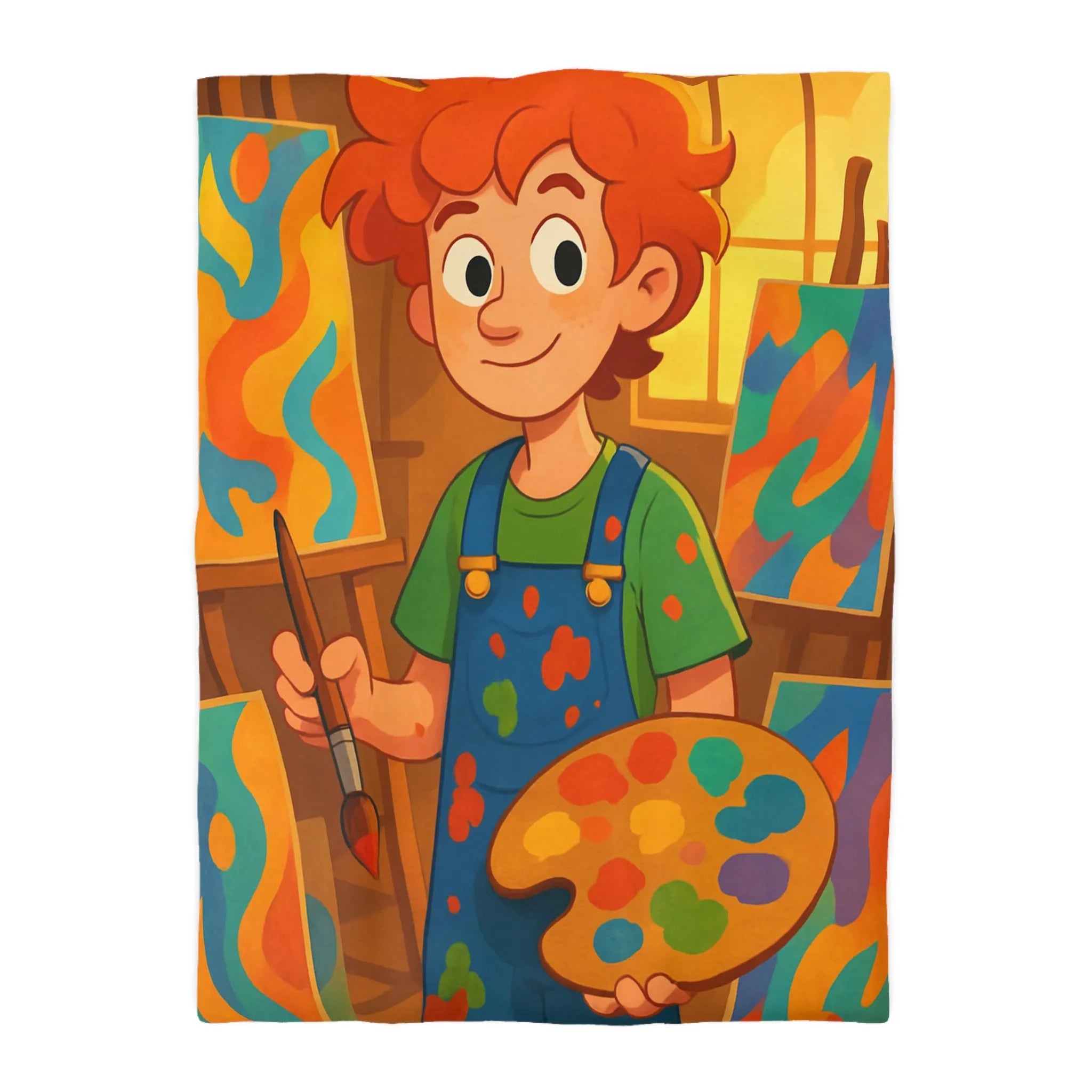 Housse de couette artistique colorée avec jeune peintre joyeux et œuvres vibrantes