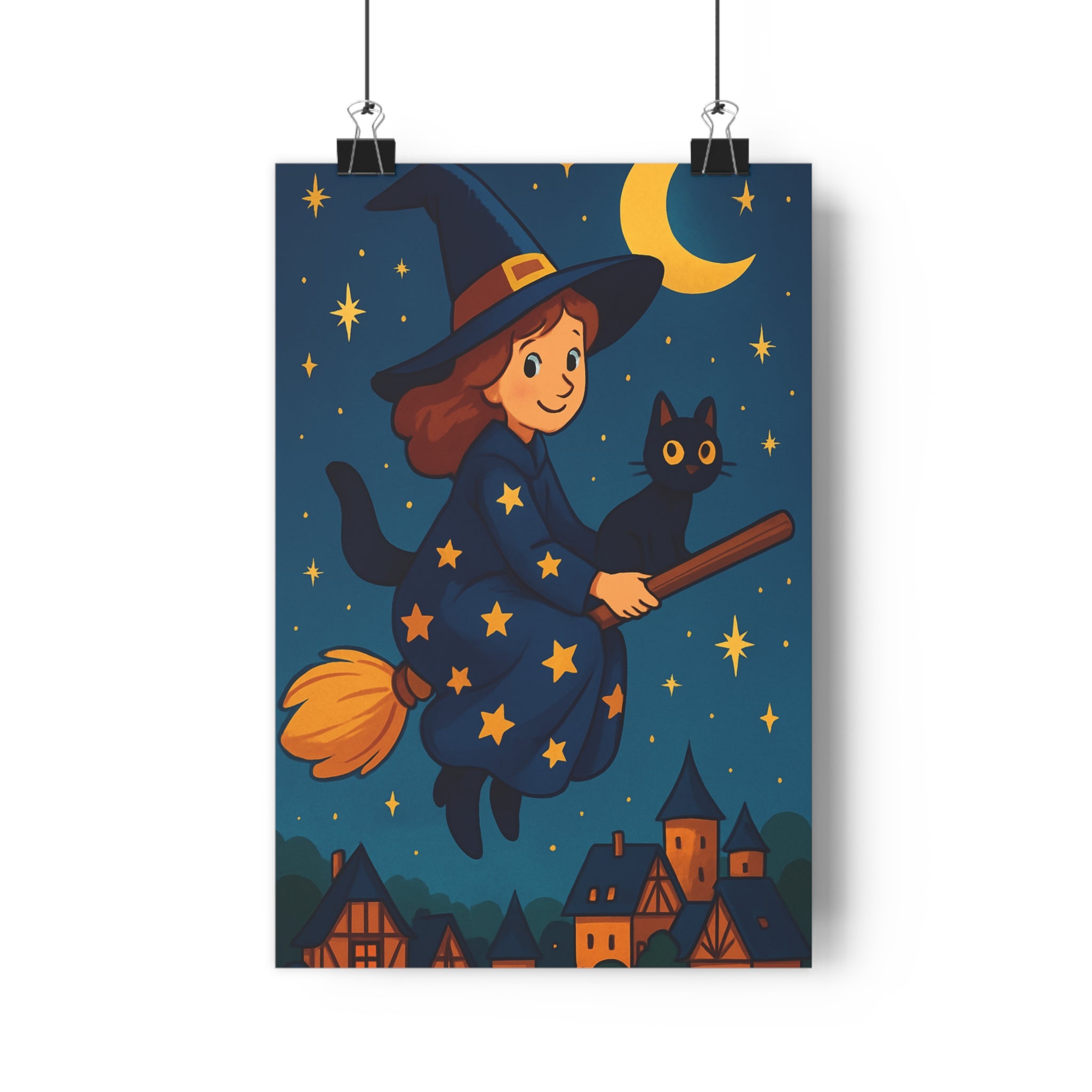 Poster décoratif sorcière chat noir violet mystérieux magique anime chambre étoilé balai ciel étoile