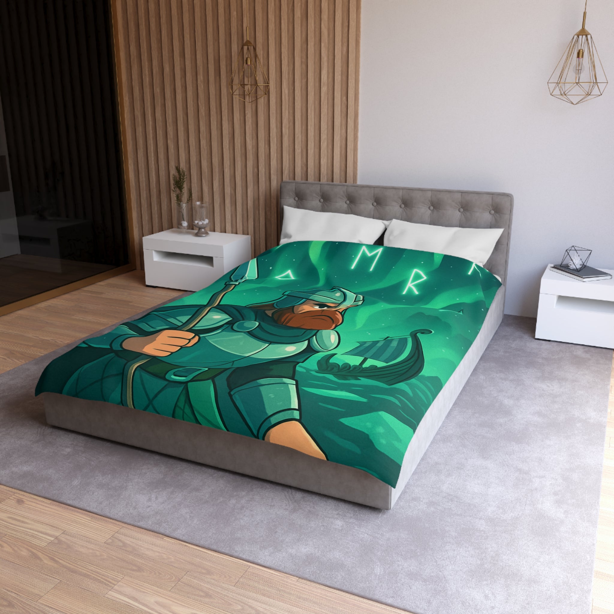 Housse de Couette Viking Vert Émeraude avec Guerrier et Aurores Boréales pour Chambre