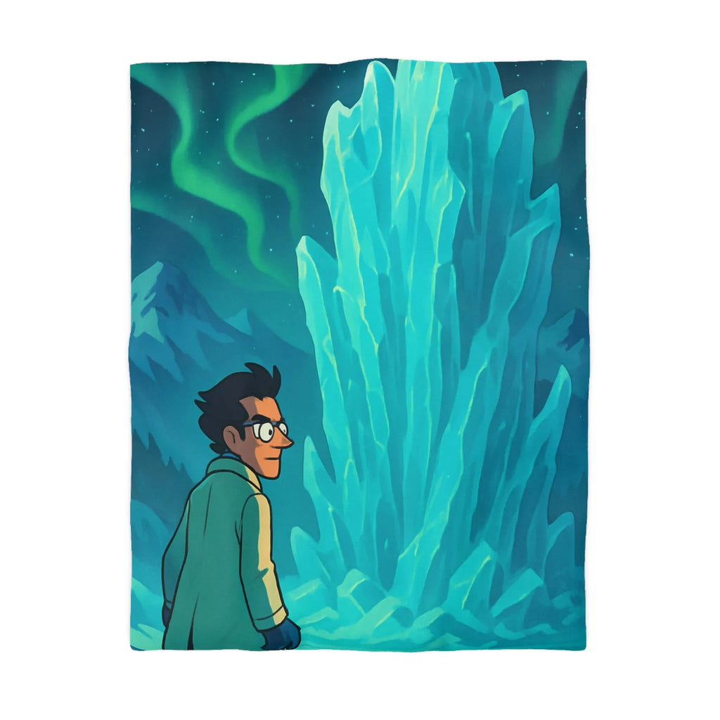 Décor polaire avec icebergs géants et exploration nocturne sous aurores boréales glaciales