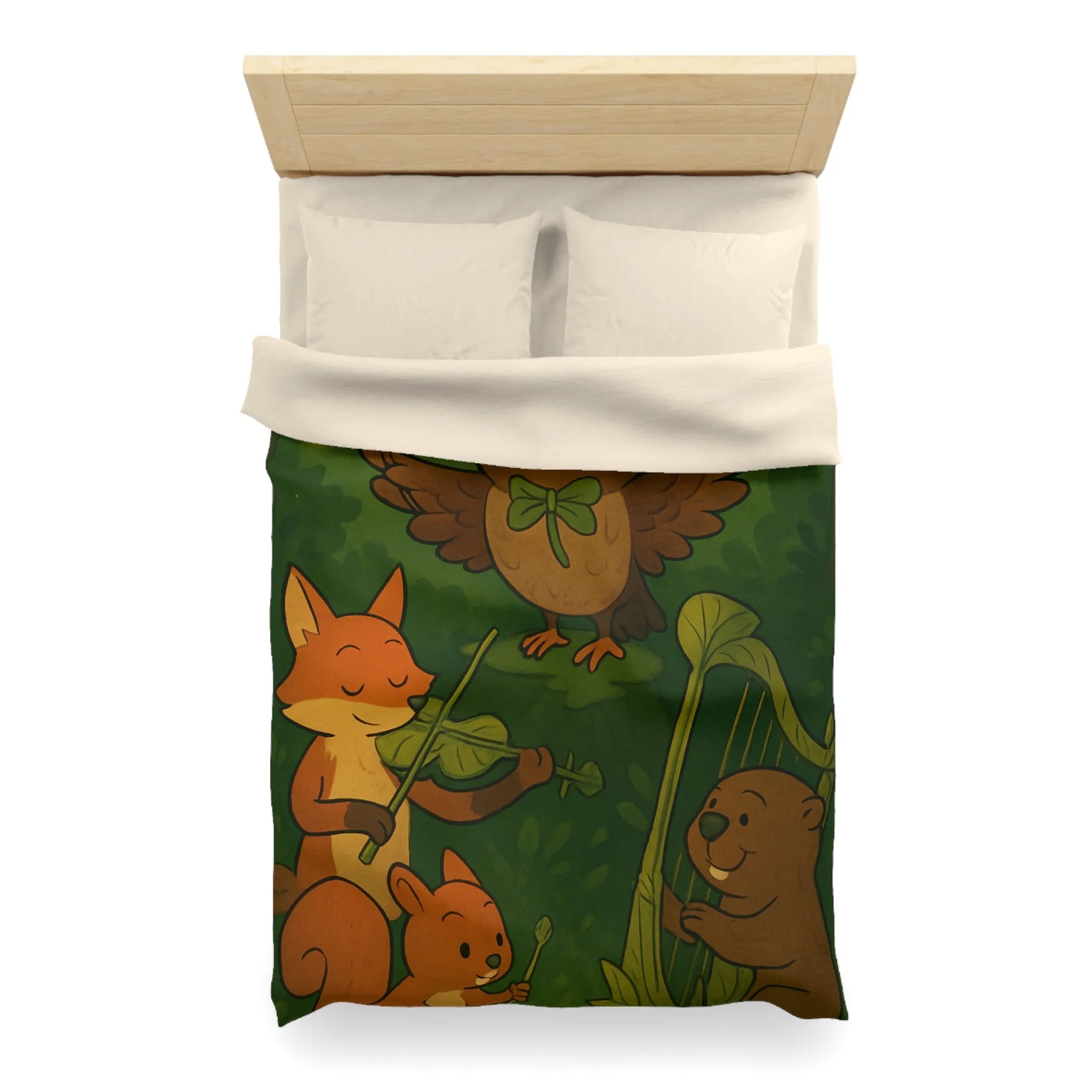 Housse de Couette Douce Forêt Animaux Musiciens Nuit Magique Enfants Nature Verte