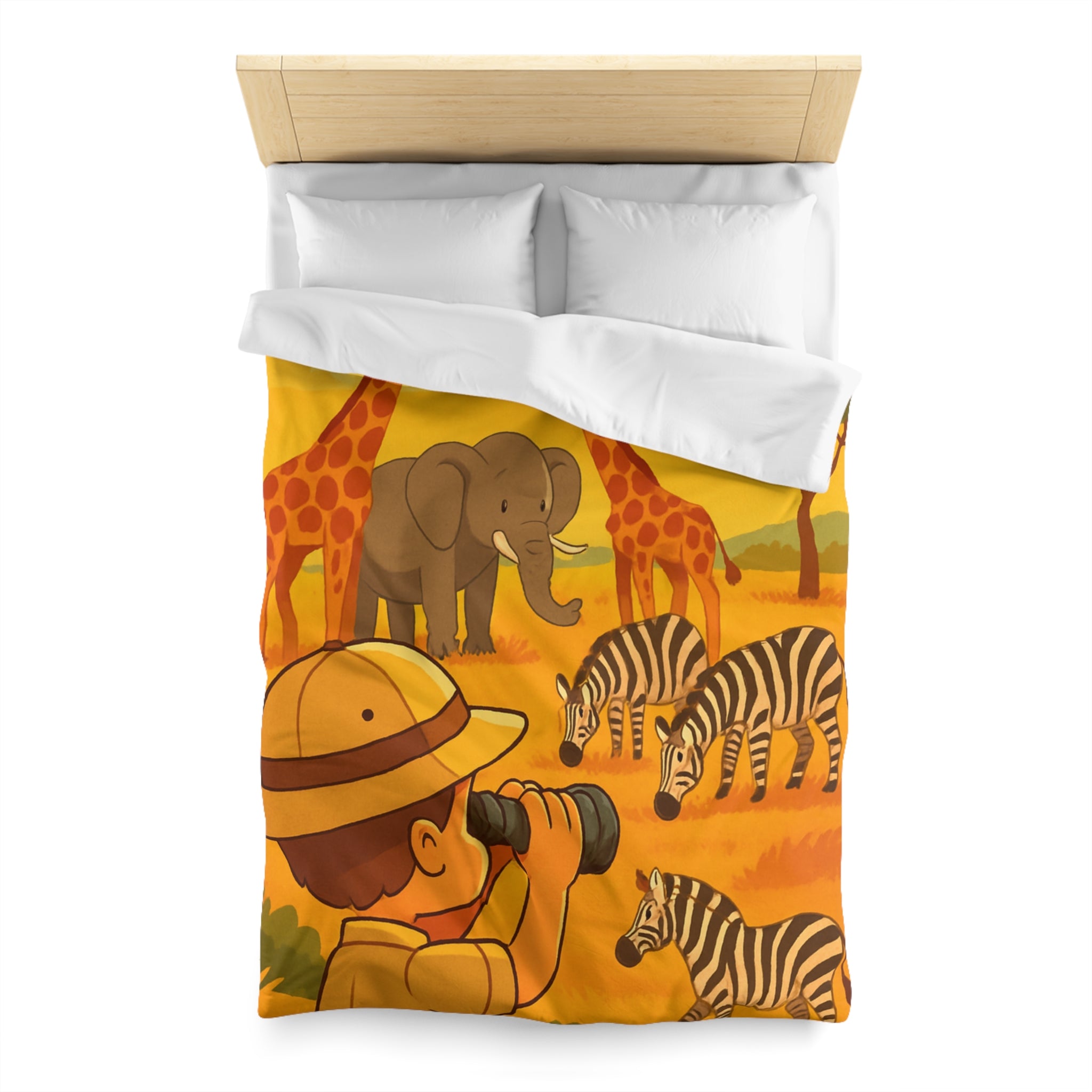 Housse de couette safari enfant avec éléphant, girafes et zèbres dans savane ensoleillée