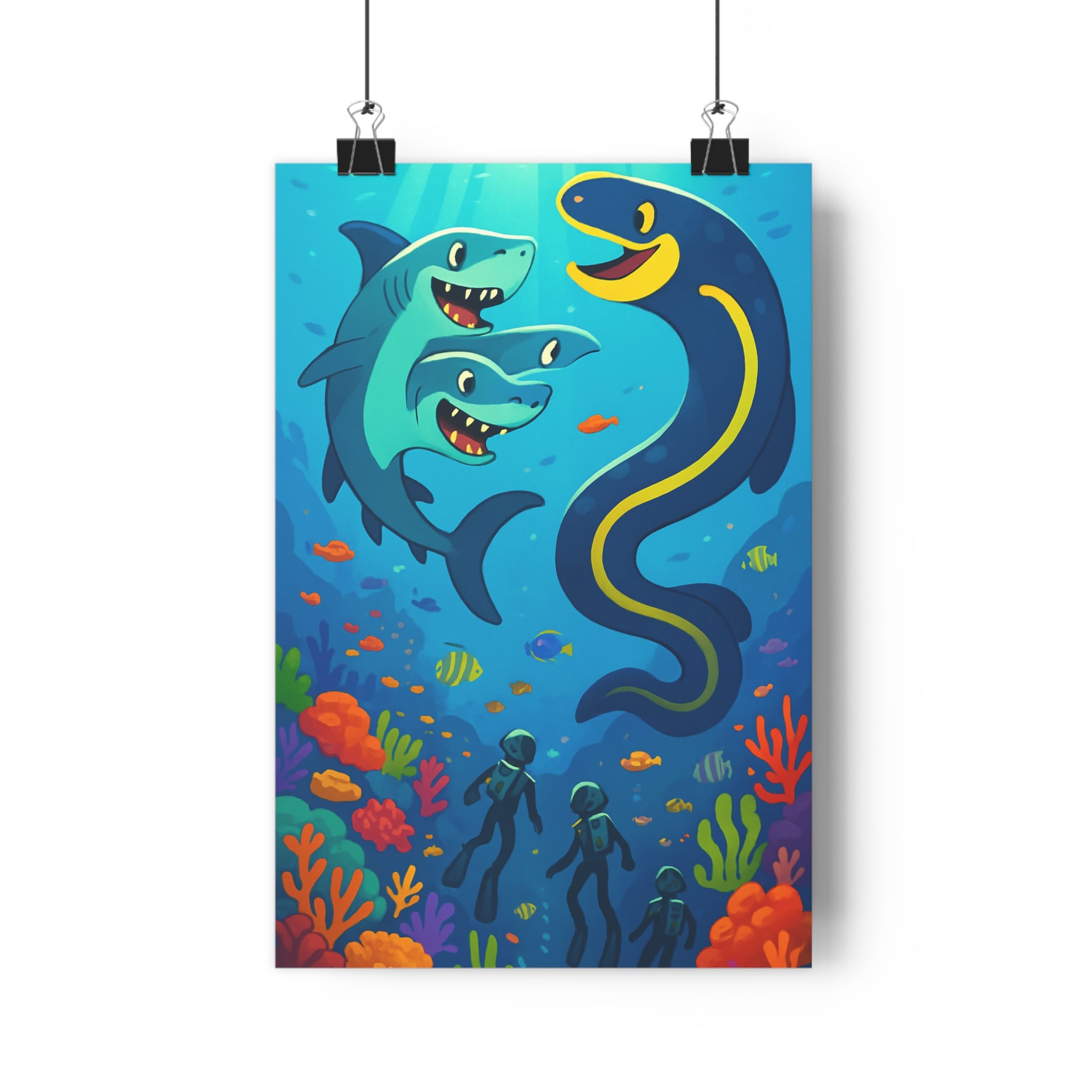 Poster décoratif sousmarin animé coloré joyeux aventure murène requins plongeurs corail bleu salon enfant