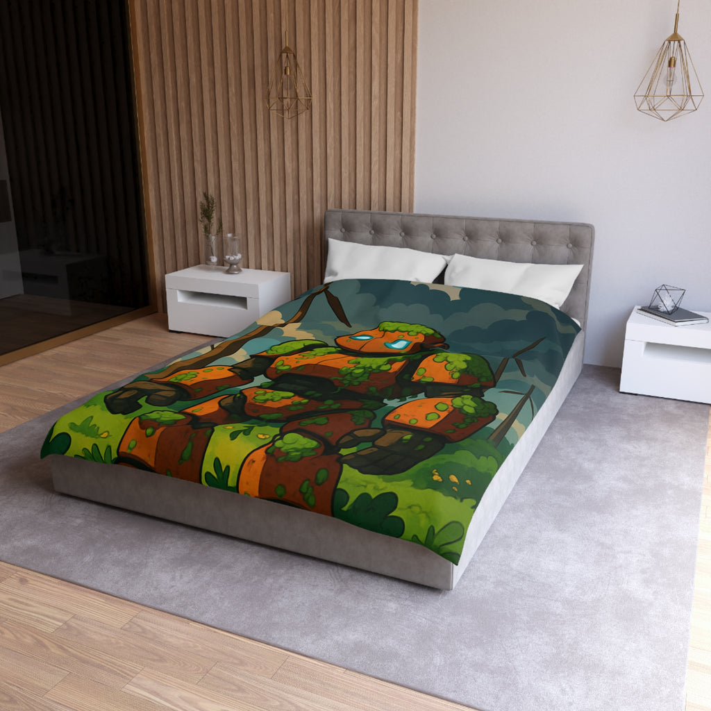 Housse de couette robot et éoliennes, motif nature et technologie, ambiance verte apaisante