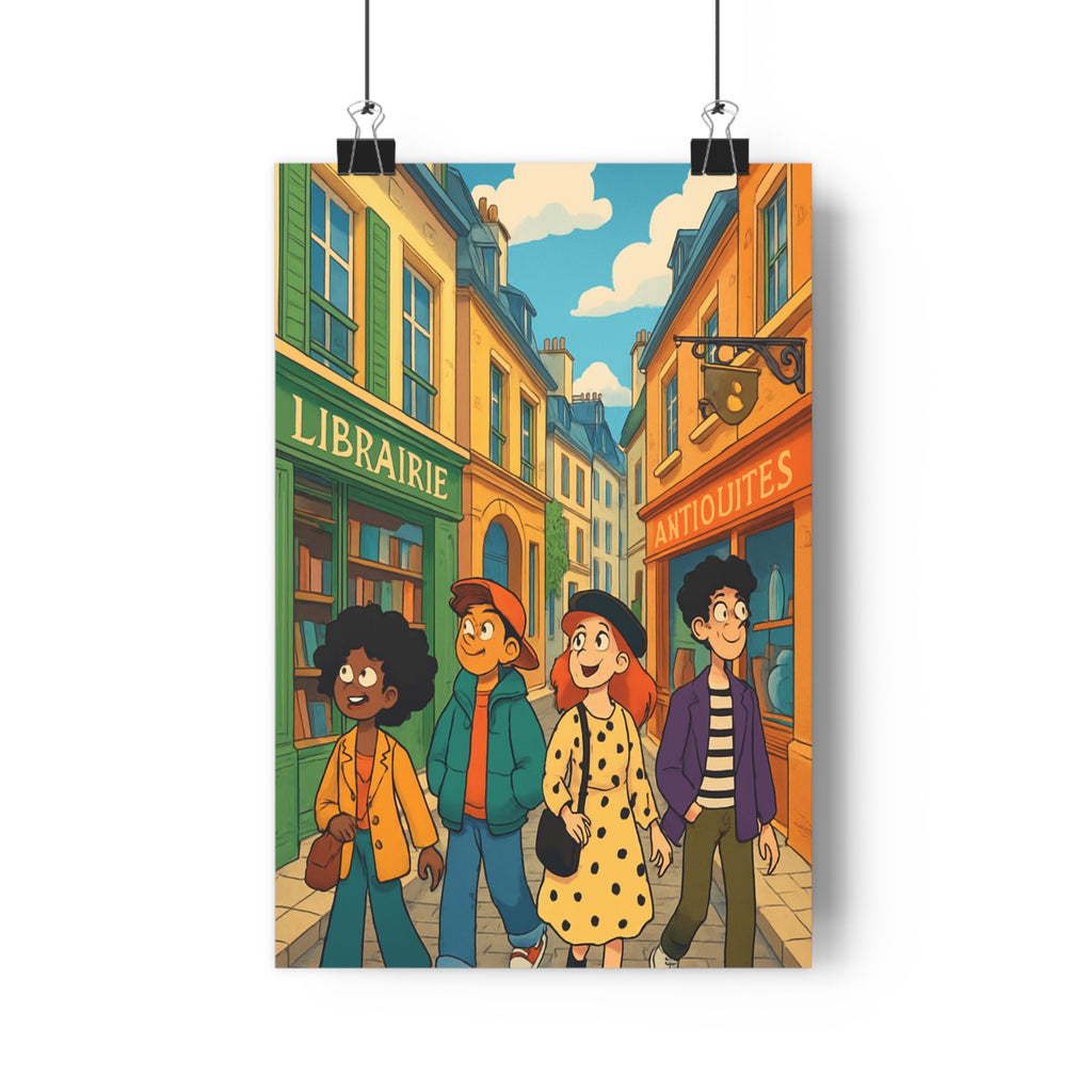 Poster décoratif bande dessinée jaune vert bleu joyeux salon chambre enfants aventure ruelles boutiques