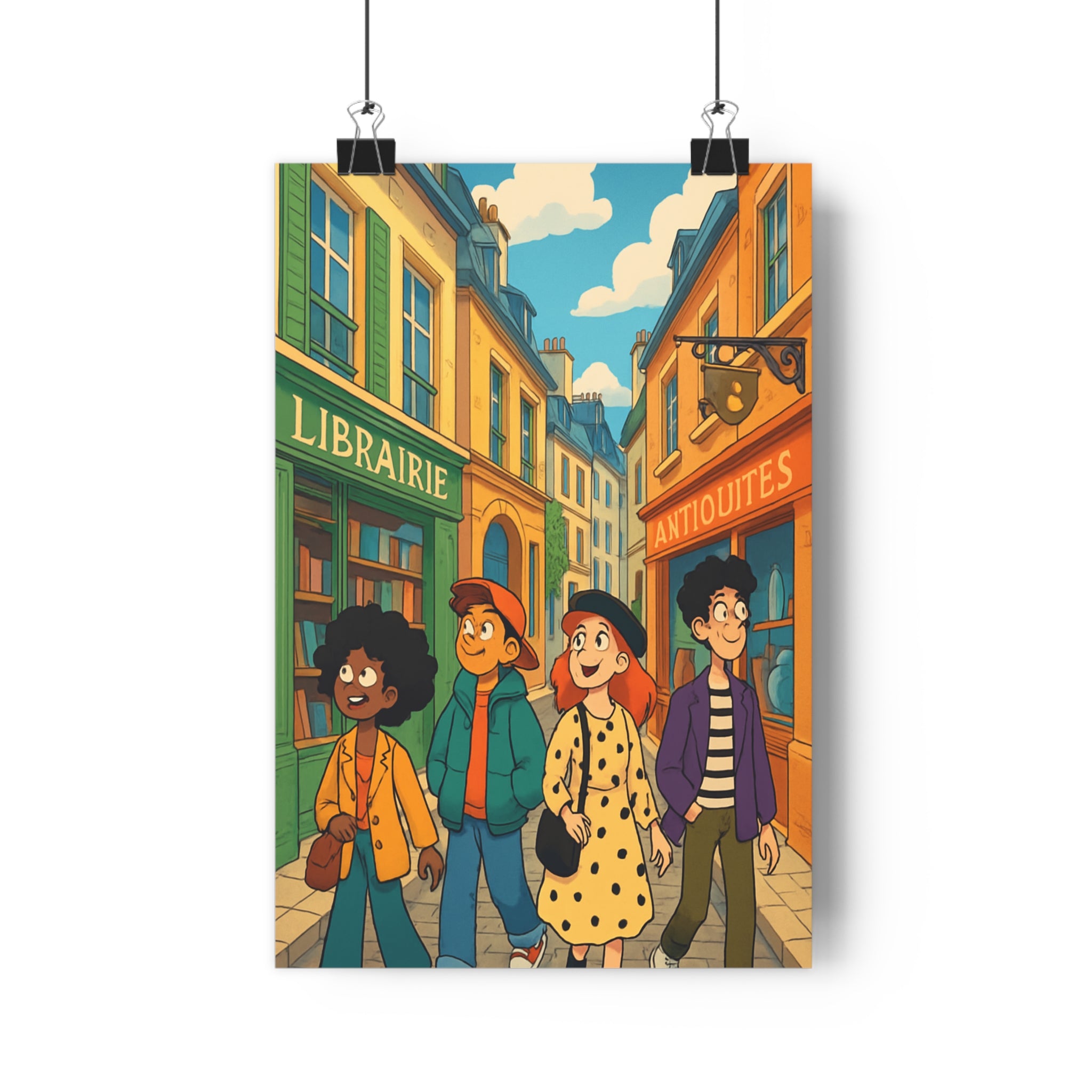 Poster décoratif bande dessinée jaune vert bleu joyeux salon chambre enfants aventure ruelles boutiques