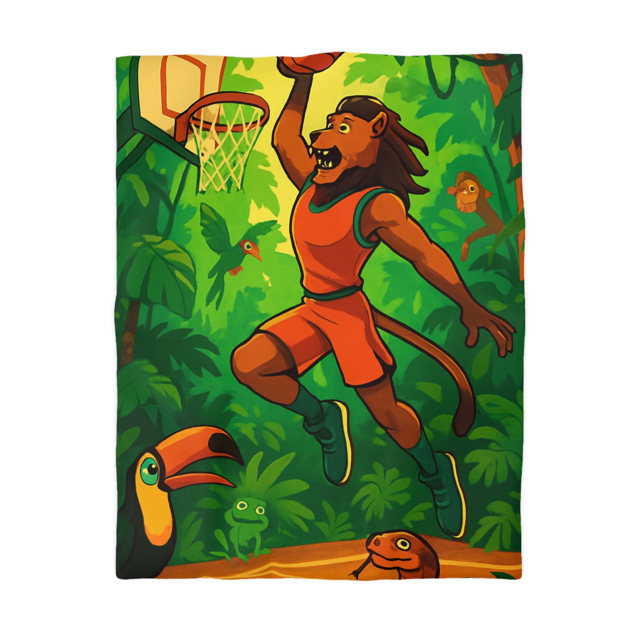 Housse de couette vibrante avec lion jouant au basket dans la jungle colorée