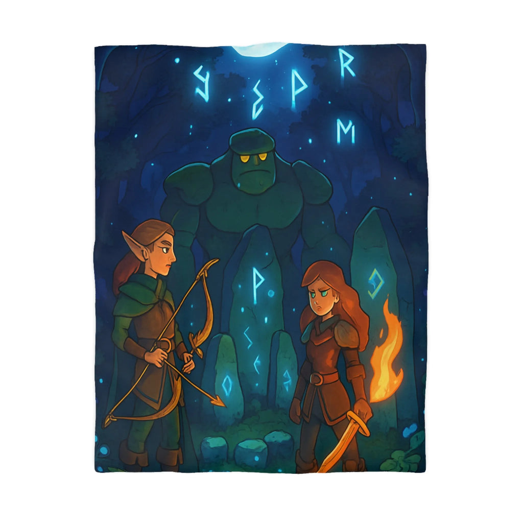 Housse de couette avec illustration de forêt mystique illuminée par runes magiques et lune