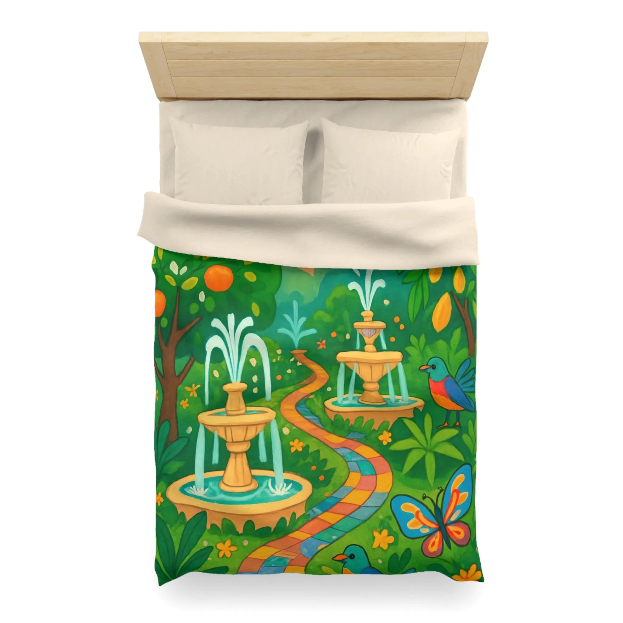 Housse de couette colorée avec oiseaux et fontaines dans jardin tropical vibrant