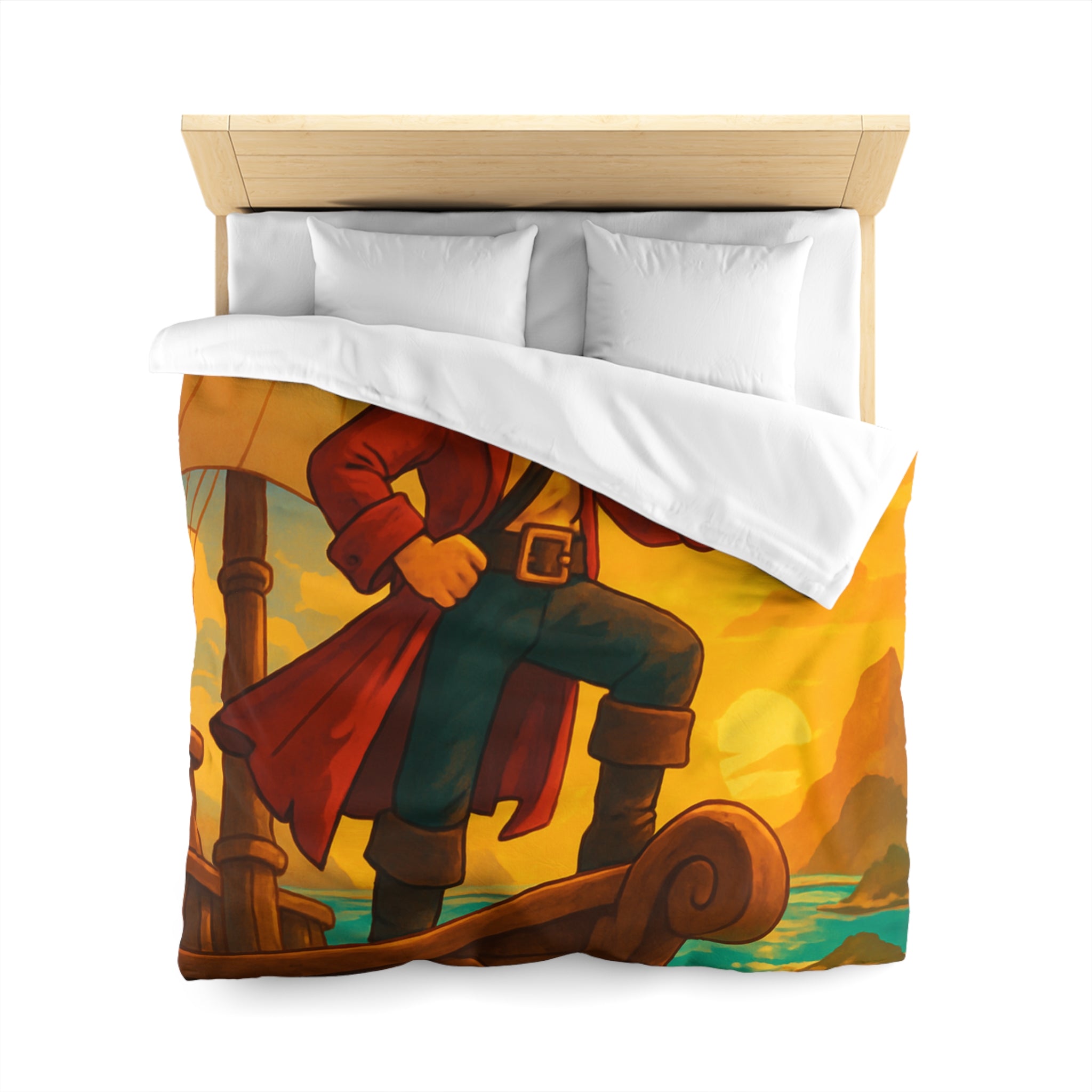 Housse de Couette Pirate Aventurier sur Bateau en Mer au Coucher du Soleil