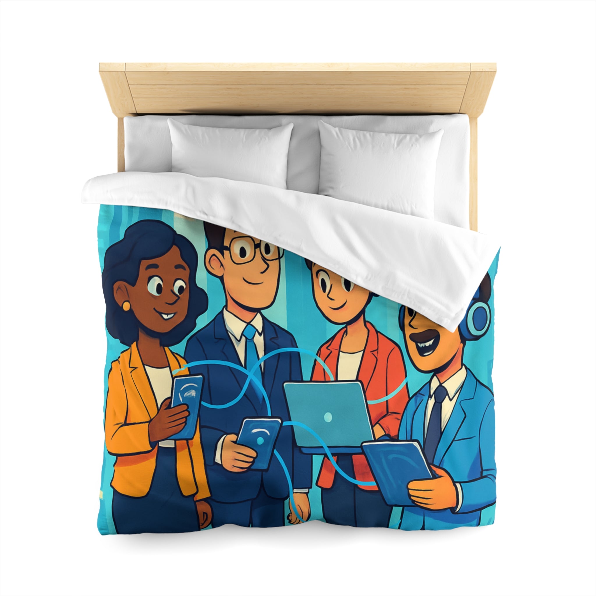 Housse de couette moderne illustrant équipe collaborative en milieu urbain technologique