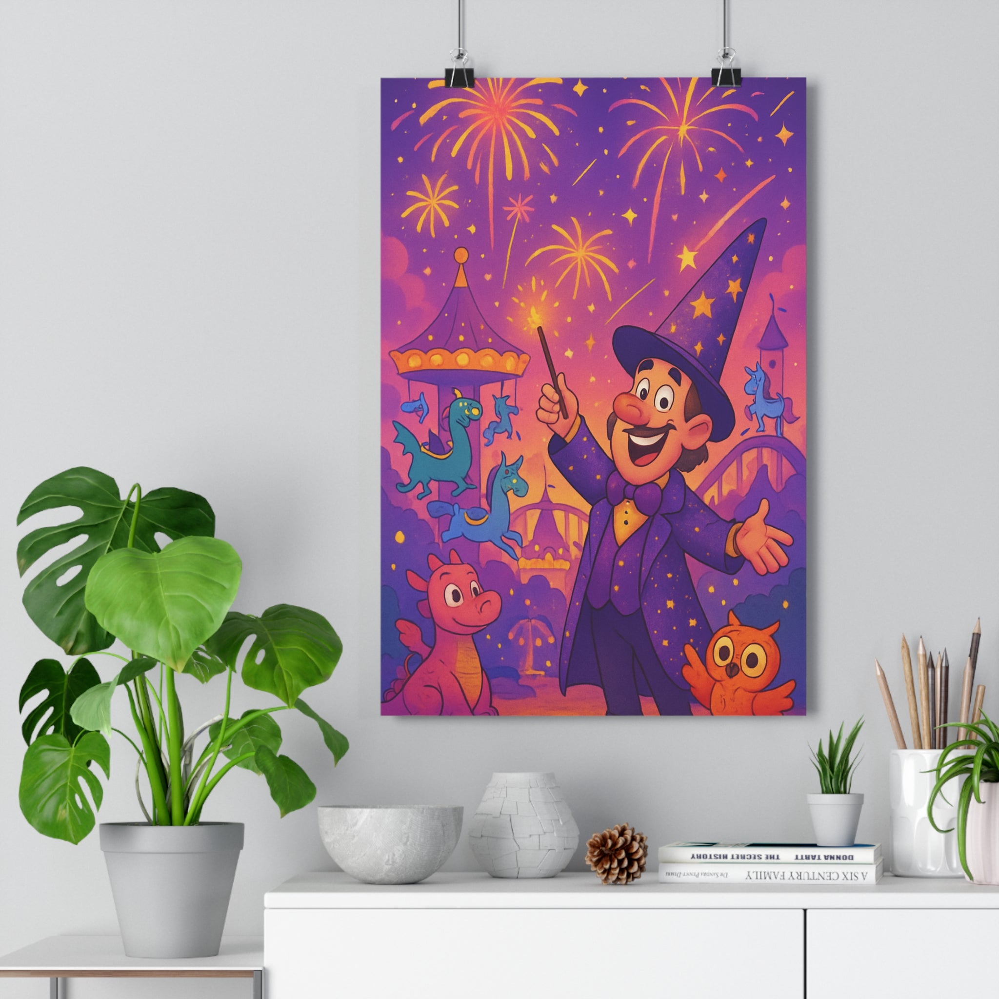 Poster décoratif féerique violet orange chambre enfant fantaisie joyeux magique ludique coloré vibrant enchanteur