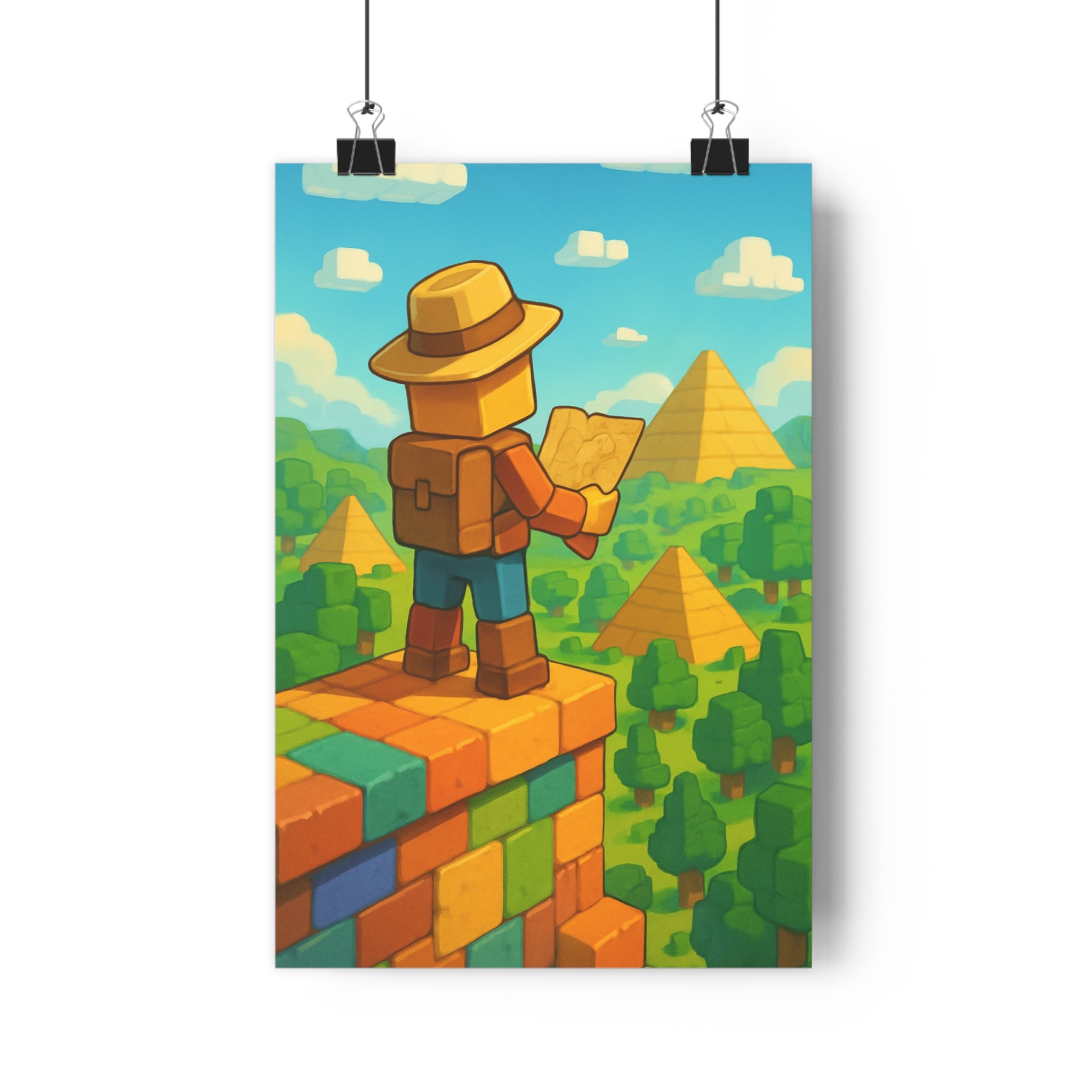Poster décoratif aventure cartoon vert bleu chambre enfant exploration paysage dynamique personnages pyramides couleurs