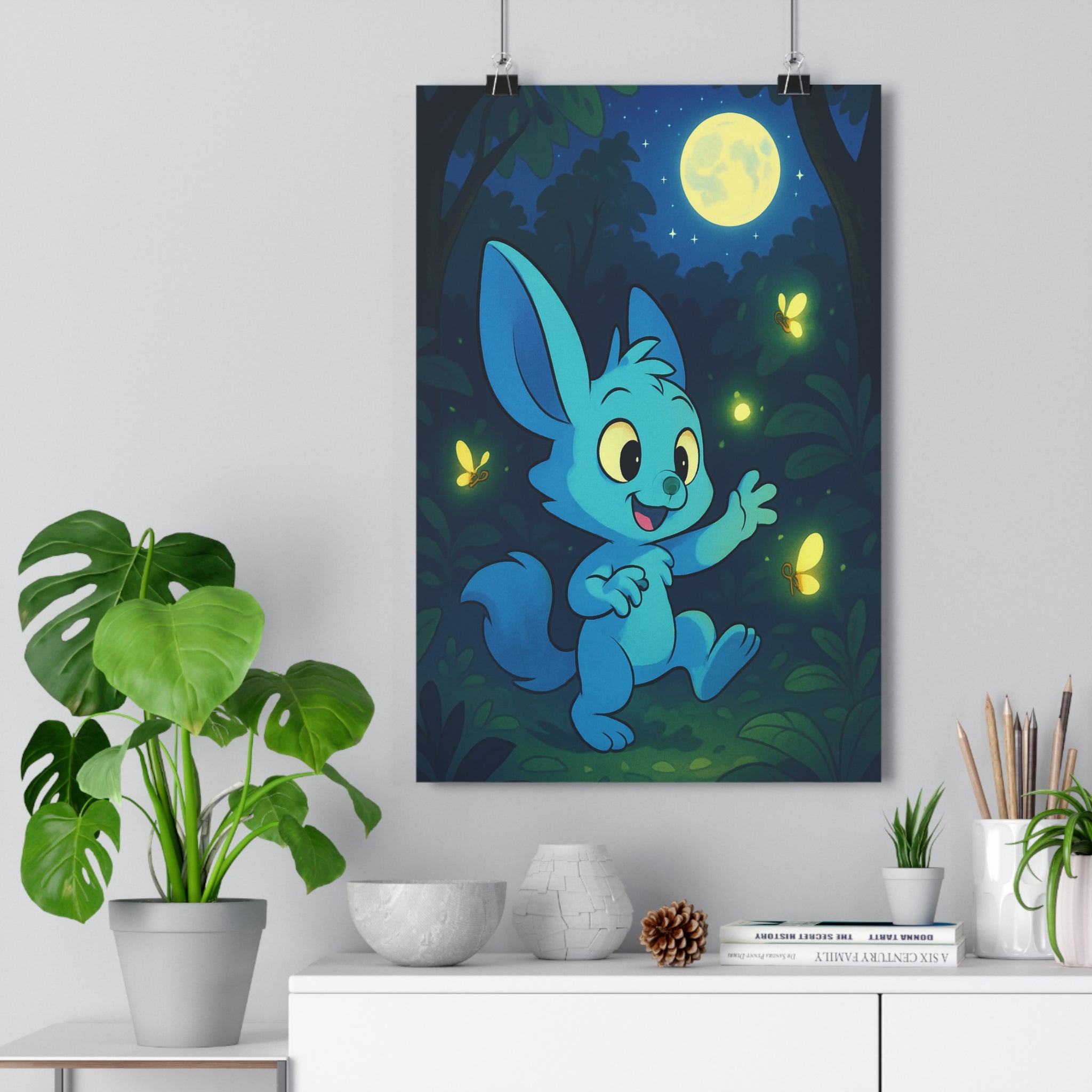 Poster décoratif enfant jungle magique bleu vert cartoon féerique joyeux chambre lumineux ambiance enchanteur