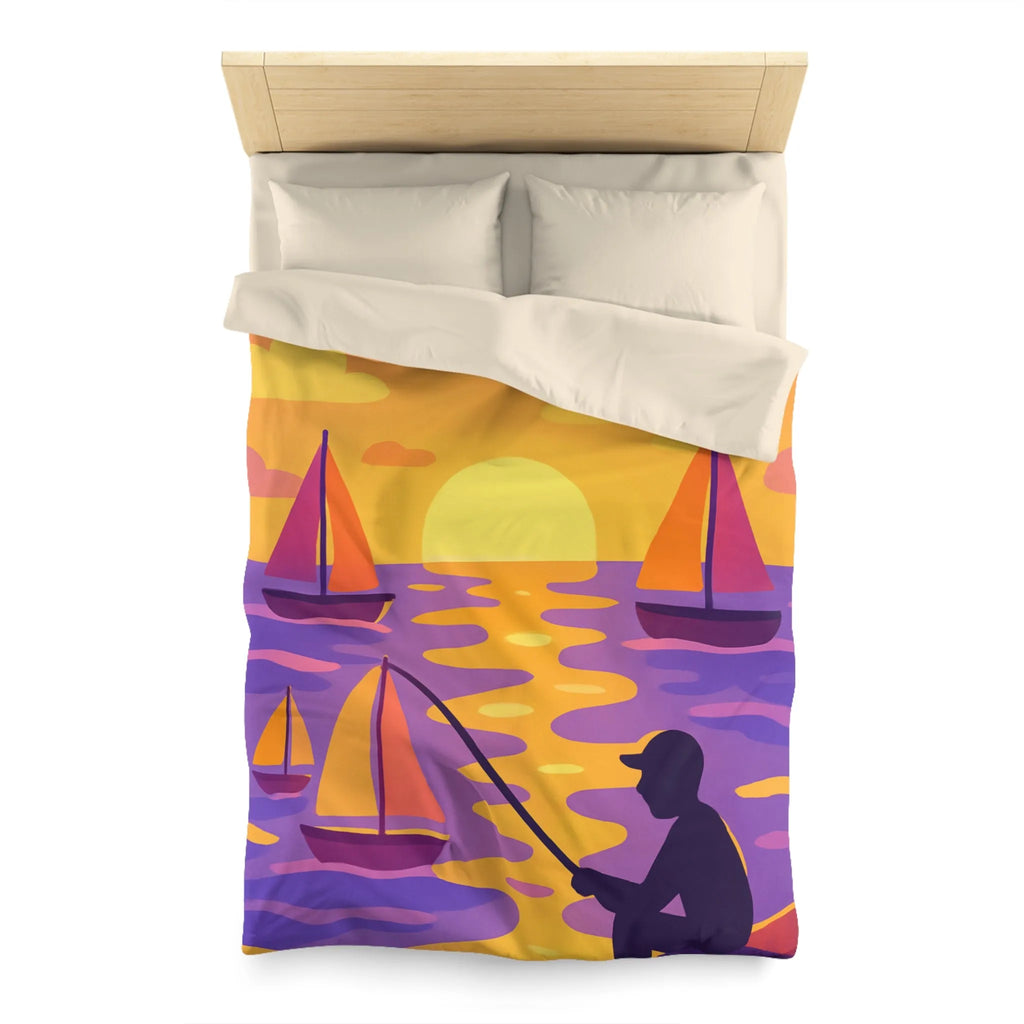 Housse de couette colorée avec voiliers et coucher de soleil magnifique au bord de l'eau