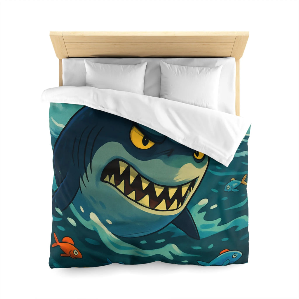 Housse de couette avec requin cartoon effrayant et poissons colorés en mer orageuse