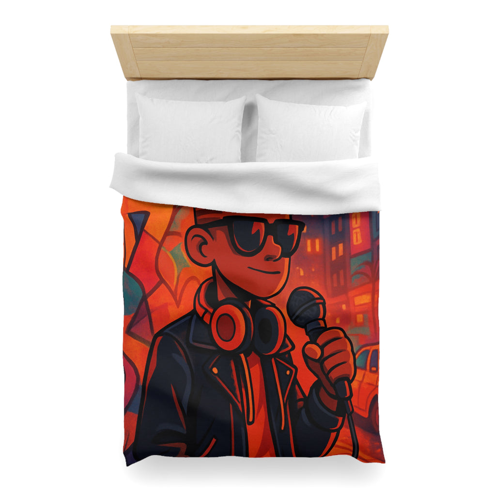 Housse de couette urbaine rétro avec chanteur hip-hop et graphismes vibrants de ville