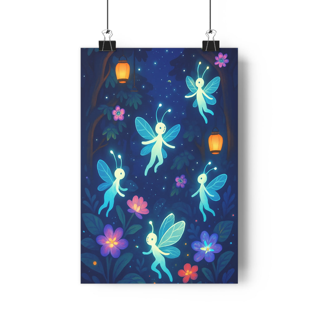 Poster décoratif féerique forêt magique lumineux bleu violet rose enfant apaisant ambiance rêveuse chambre