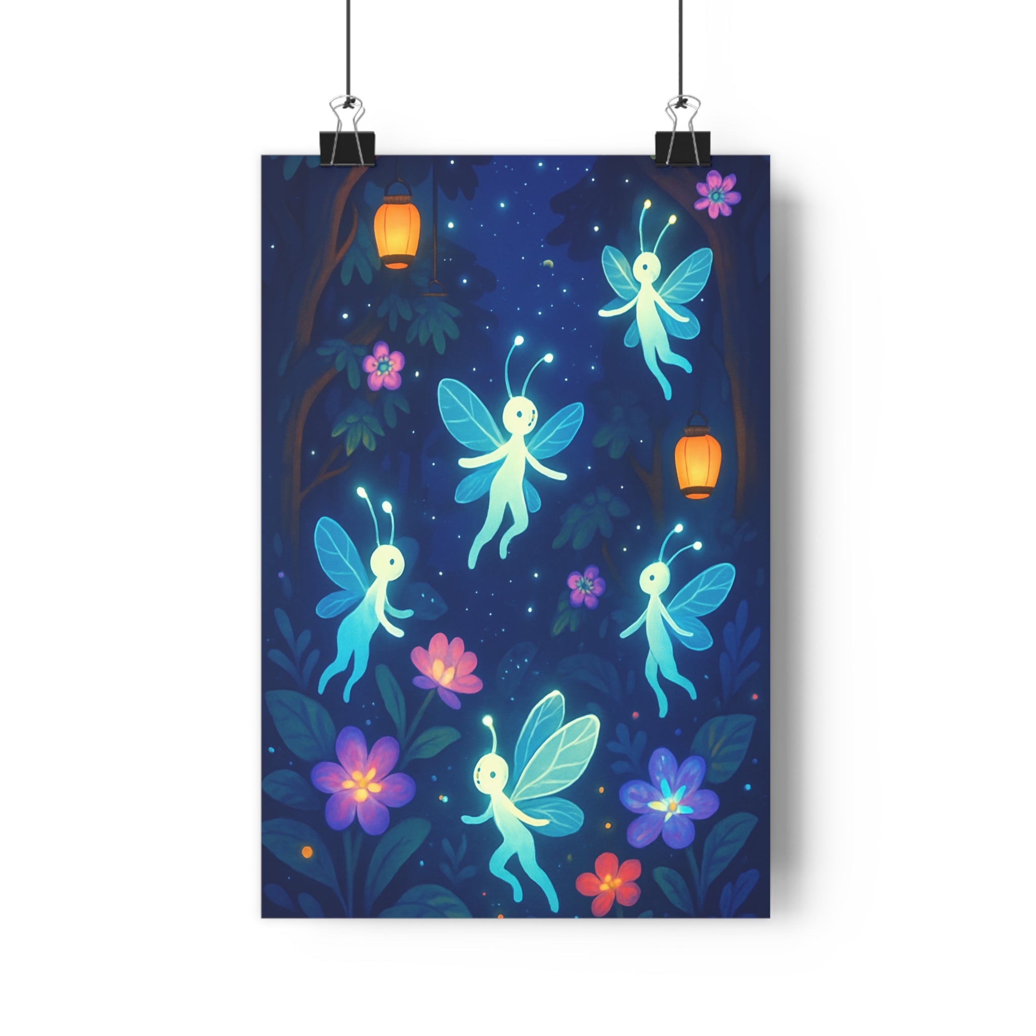 Poster décoratif féerique forêt magique lumineux bleu violet rose enfant apaisant ambiance rêveuse chambre