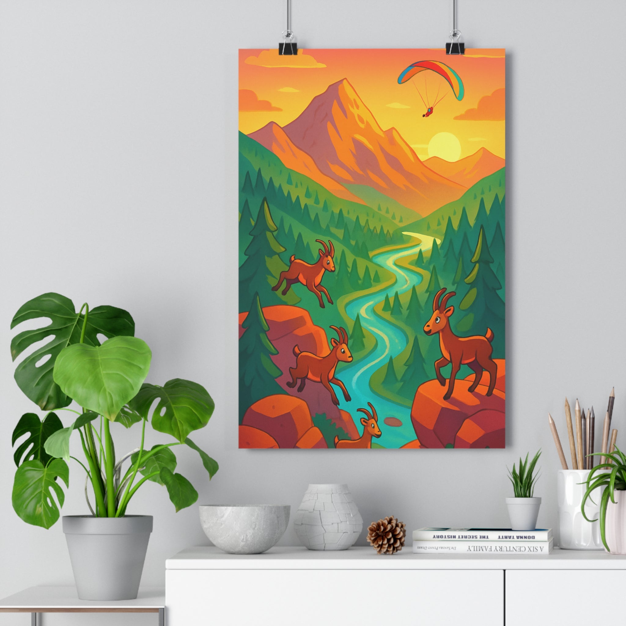 Poster décoratif cartoon pastel montagne chèvre sapin rivière coucher soleil salon apaisant paysage qualité