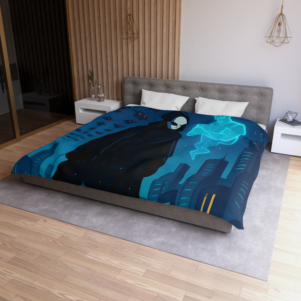 Housse de couette spatiale avec figure masquée et paysage urbain futuriste