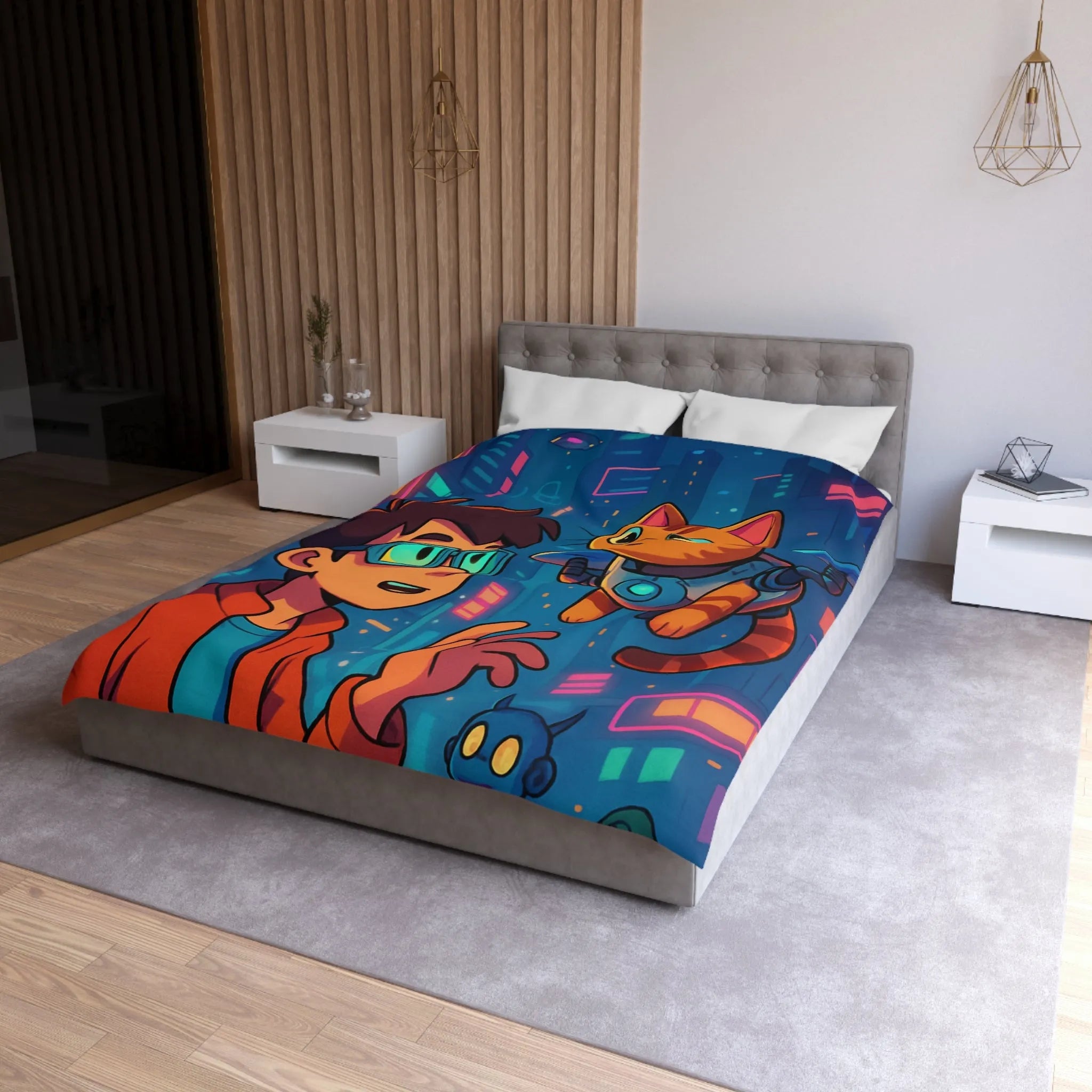 Housse de couette enfants style futuriste avec garçon et chat dans ville cyber