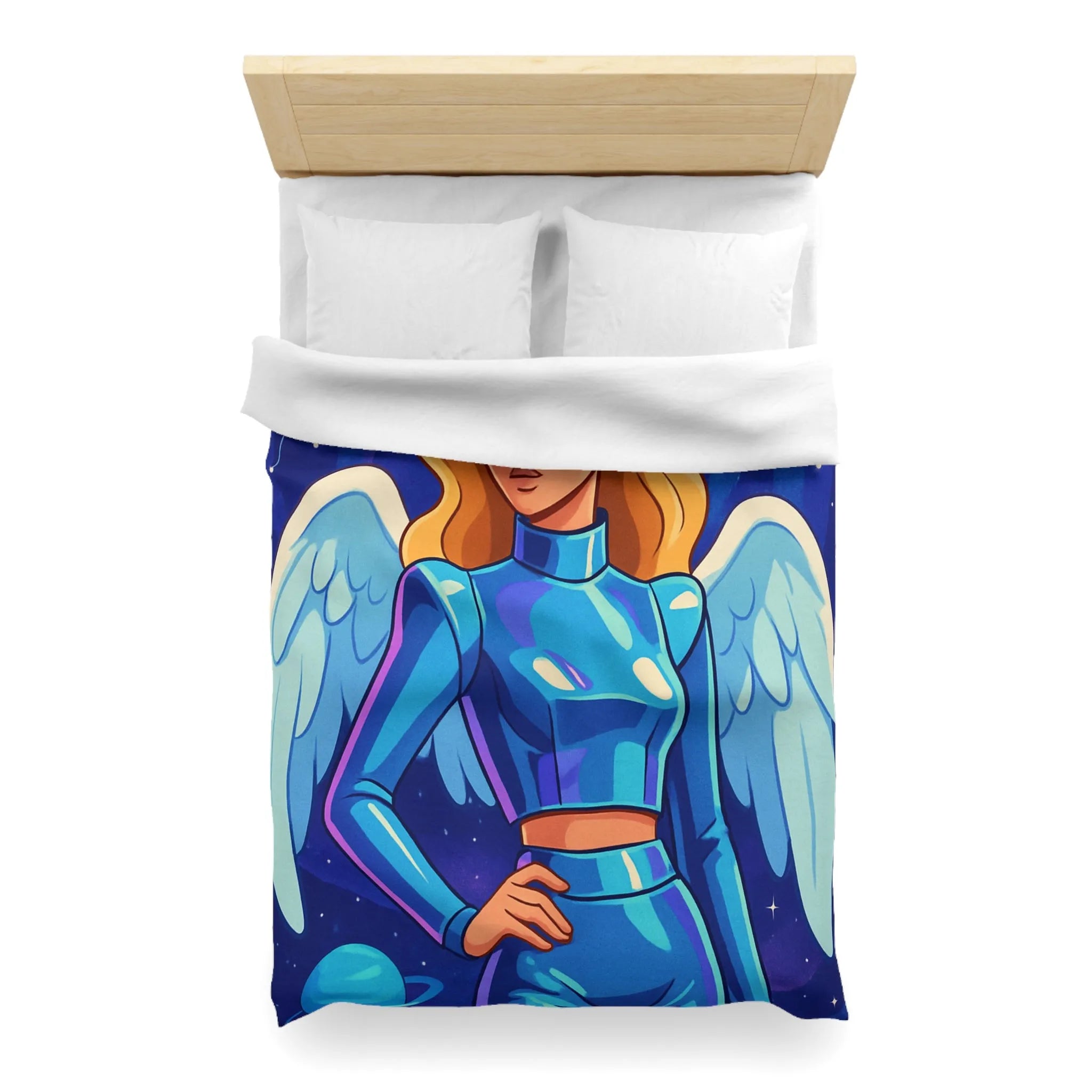 Housse de couette galactique avec ange moderne et planètes, style futuriste coloré