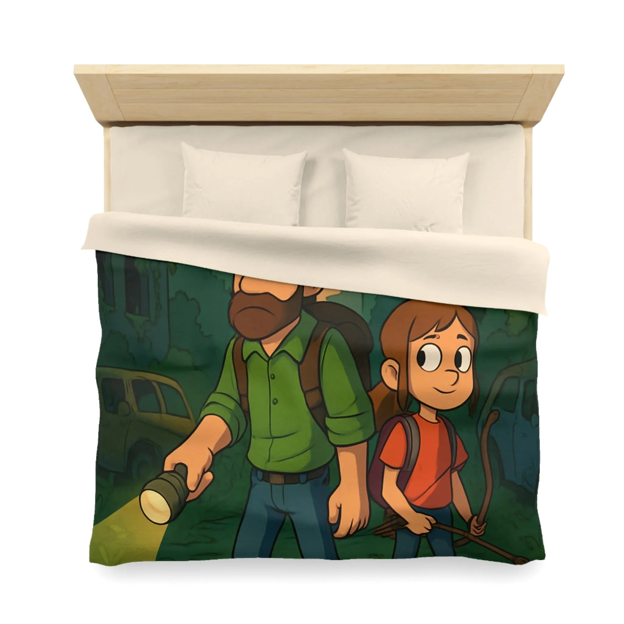 Housse de couette aventure urbaine avec personnages explorant une ville abandonnée la nuit