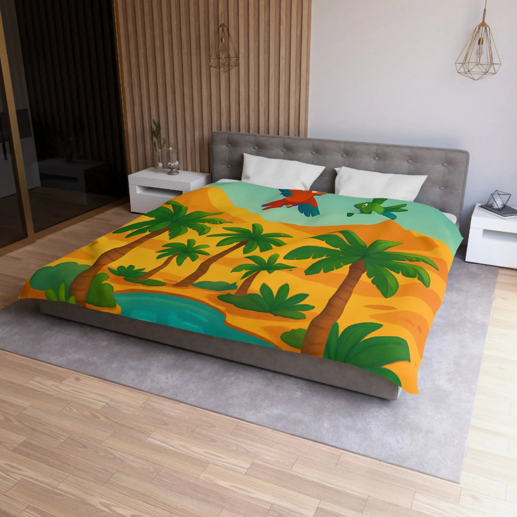 Housse de couette exotique avec palmiers, oiseaux colorés et oasis dans le désert