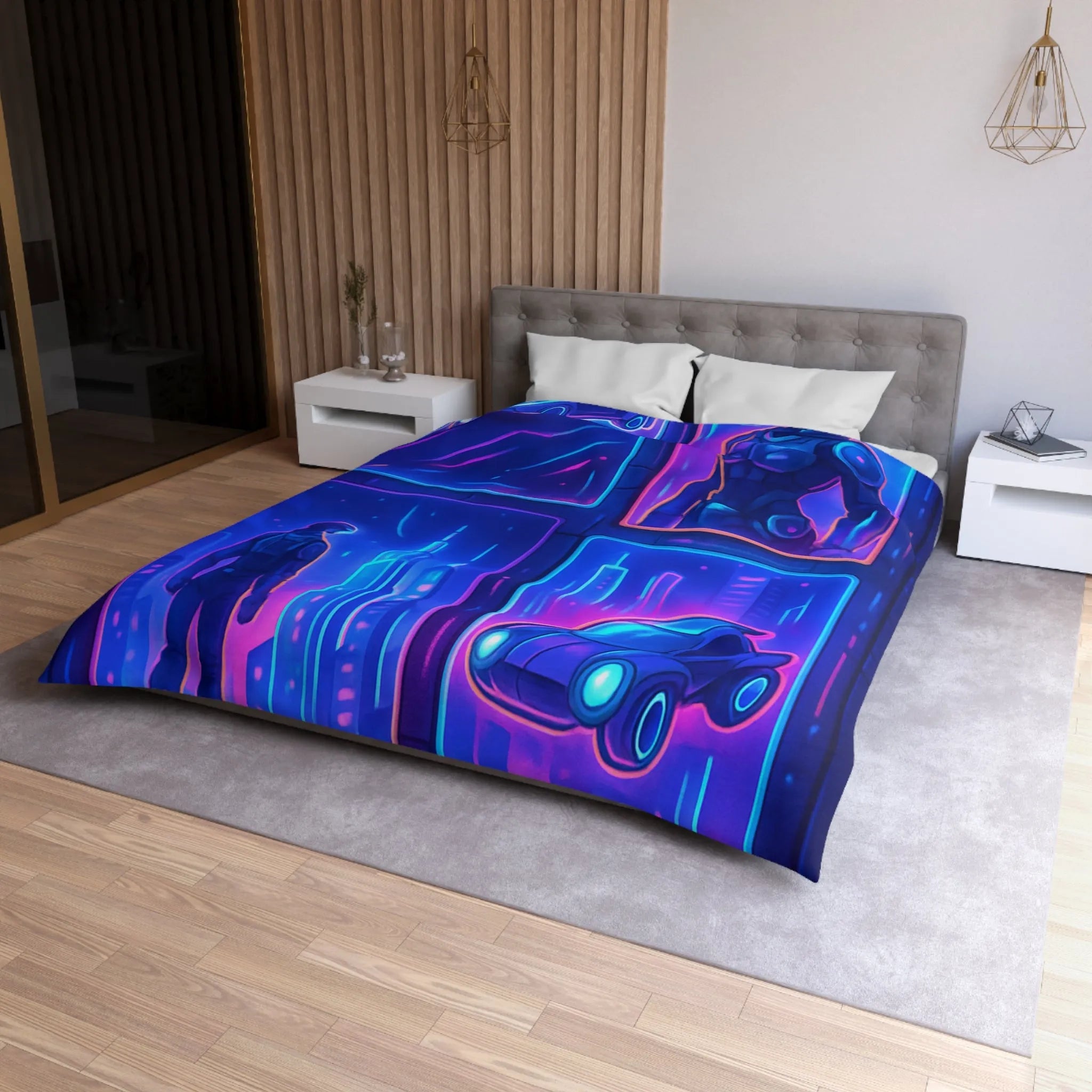 Couverture Futuriste Bleu Néon avec Silhouettes Humaines et Voitures Volantes Modernes