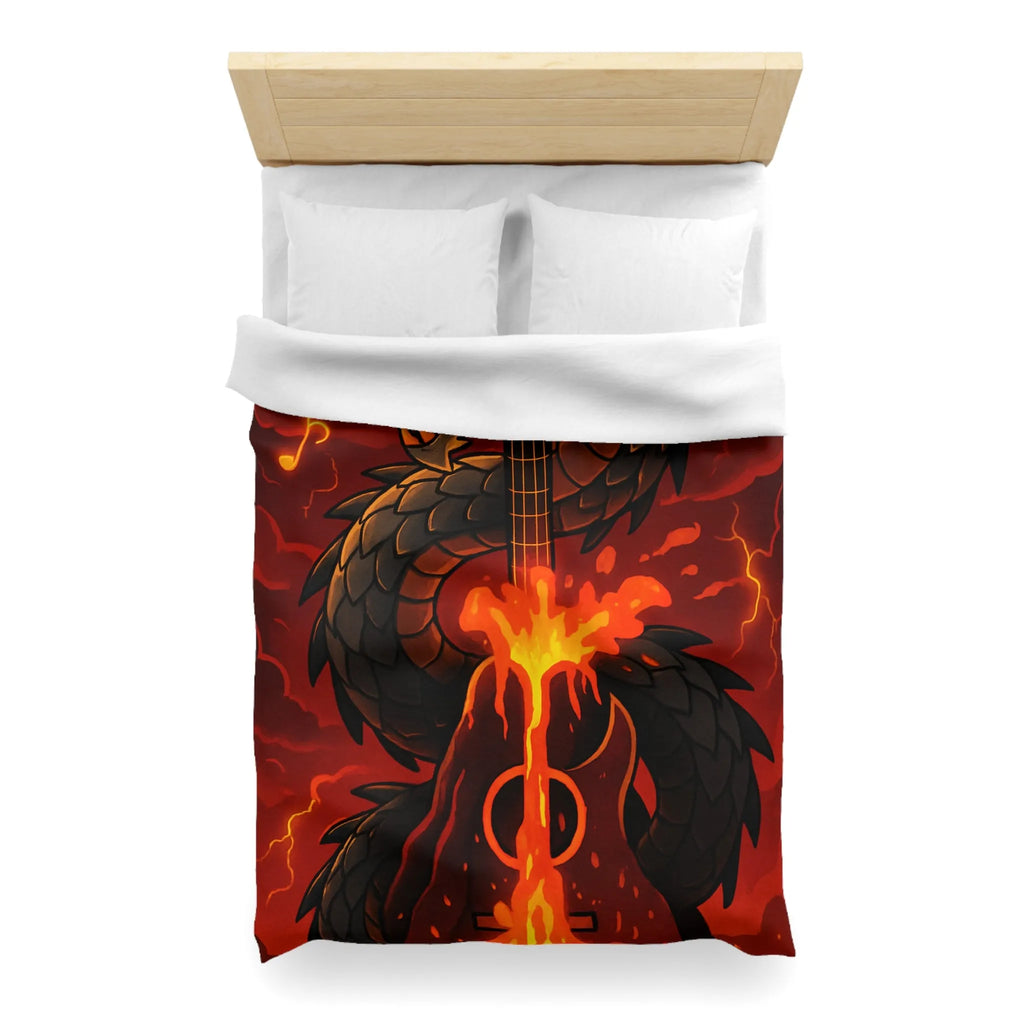 Housse de couette avec dragon noir majestueux et flammes incandescentes, ambiance épique