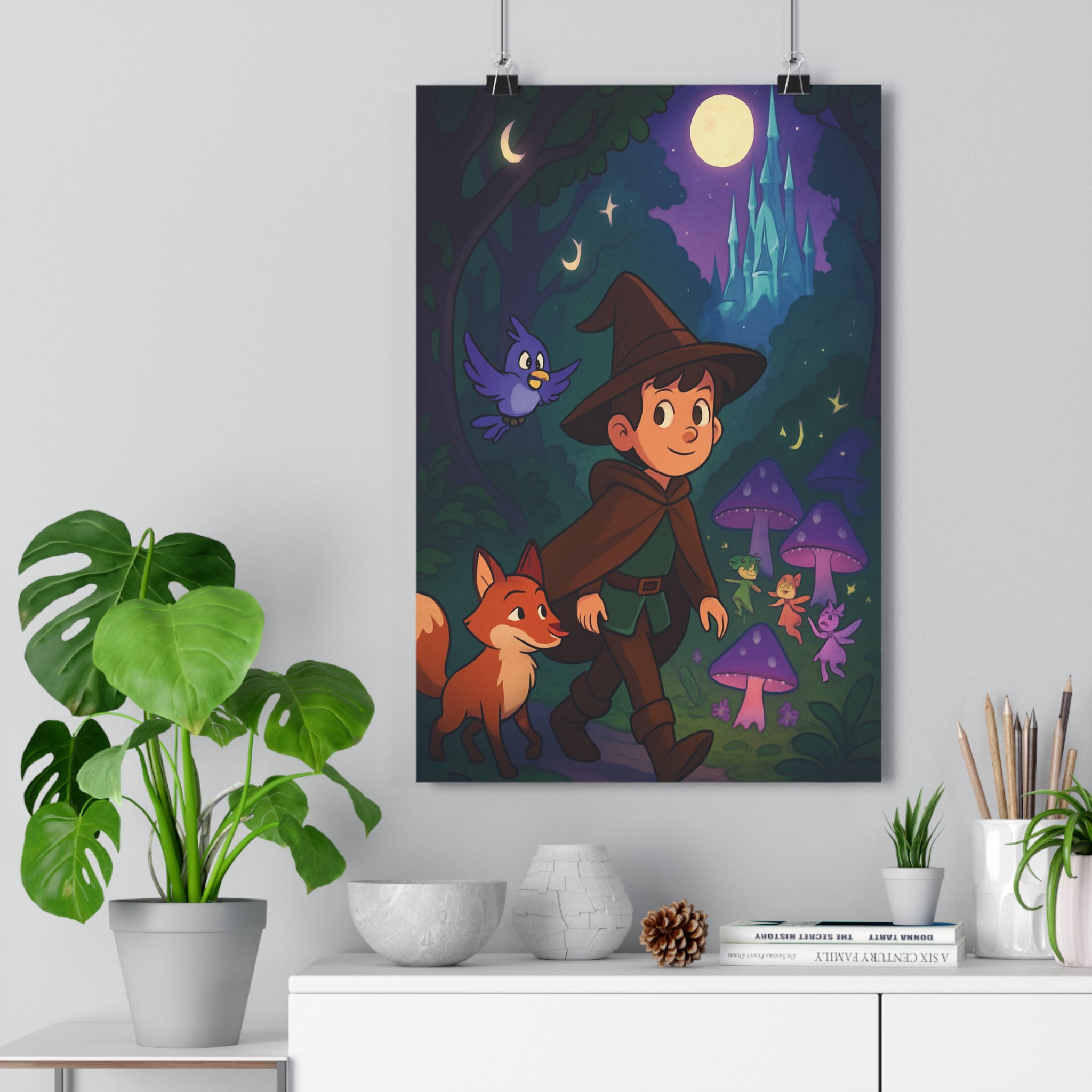 Poster décoratif enchanté forêt aventurier renard créatures féériques bleu nocturne chambre enfant ambiance magique