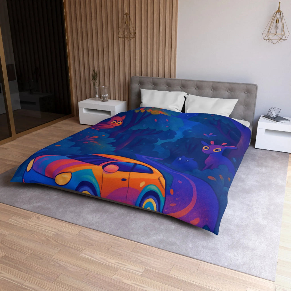 Housse de couette forêt magique avec voiture et animaux, ambiance nocturne colorée fantastique