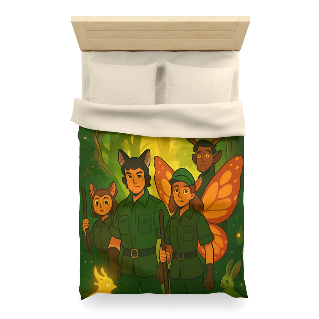Housse de couette féerique avec gardiens de forêt, animaux magiques, ambiance verte et lumineuse