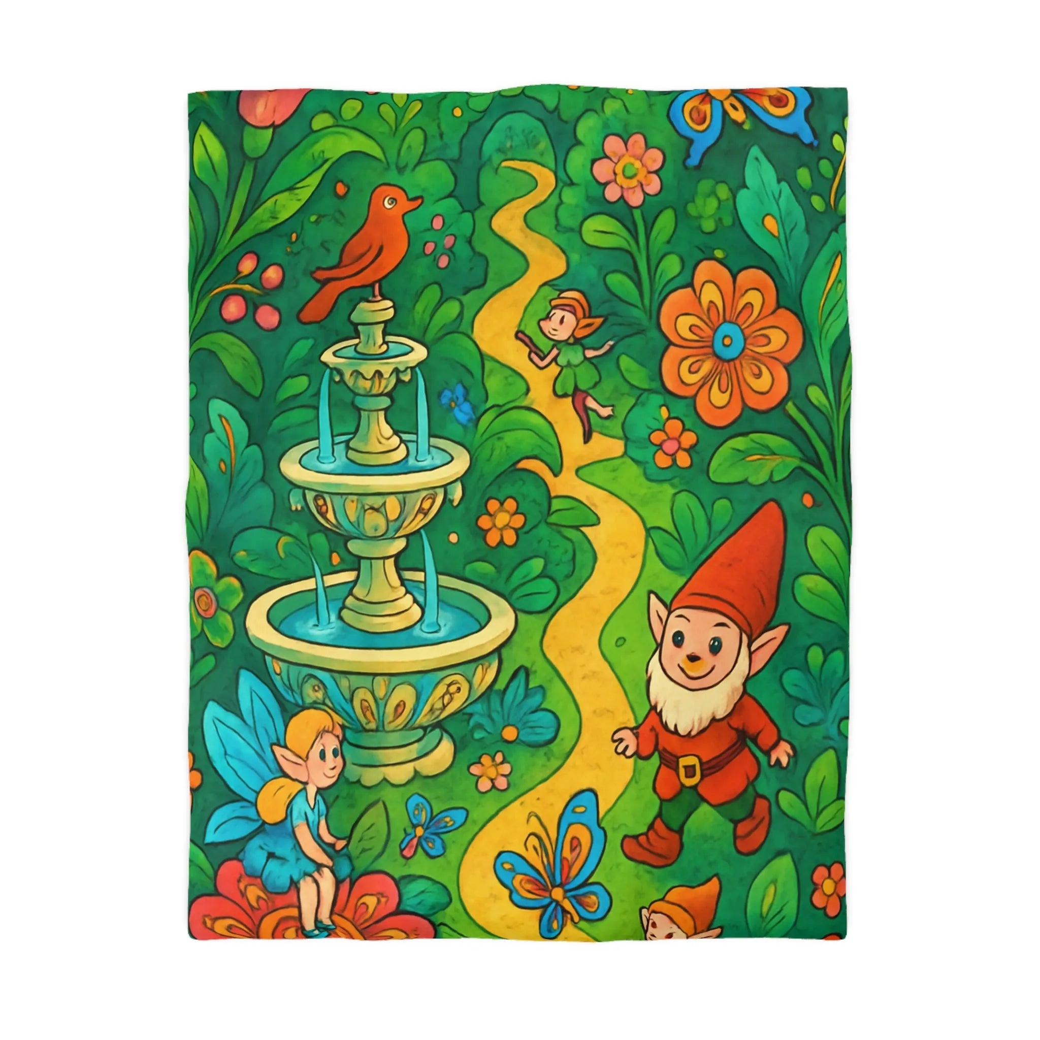 Housse de couette enfant avec lutins, fées, et papillons dans une forêt enchantée