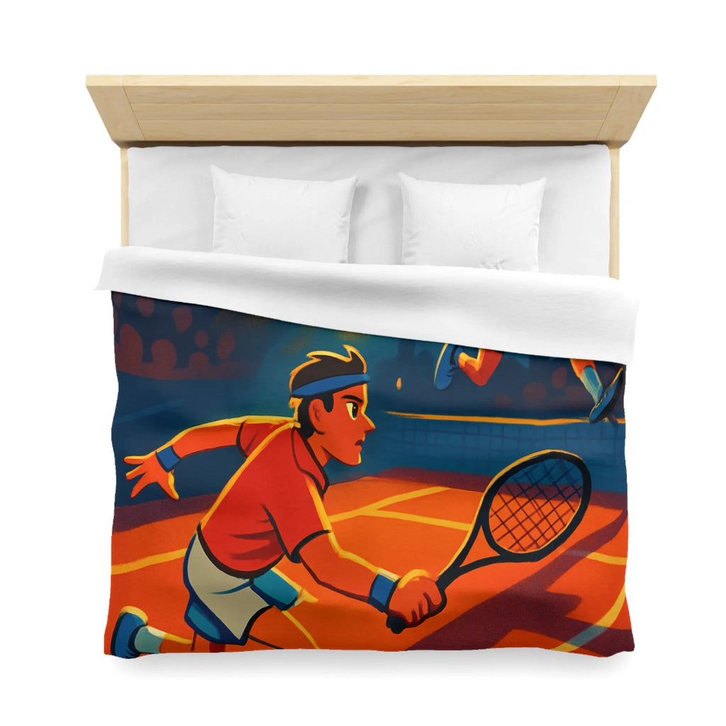 Housse de couette dynamique illustrant un match de tennis intense sous projecteurs éclatants