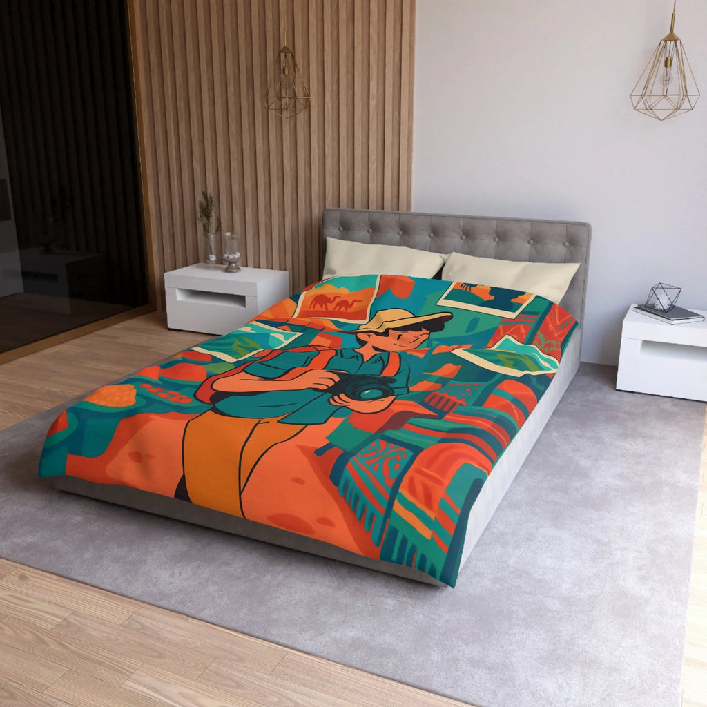 Housse de Couette Colorée avec Voyageur Photographiant un Marché Animé et Vibrant