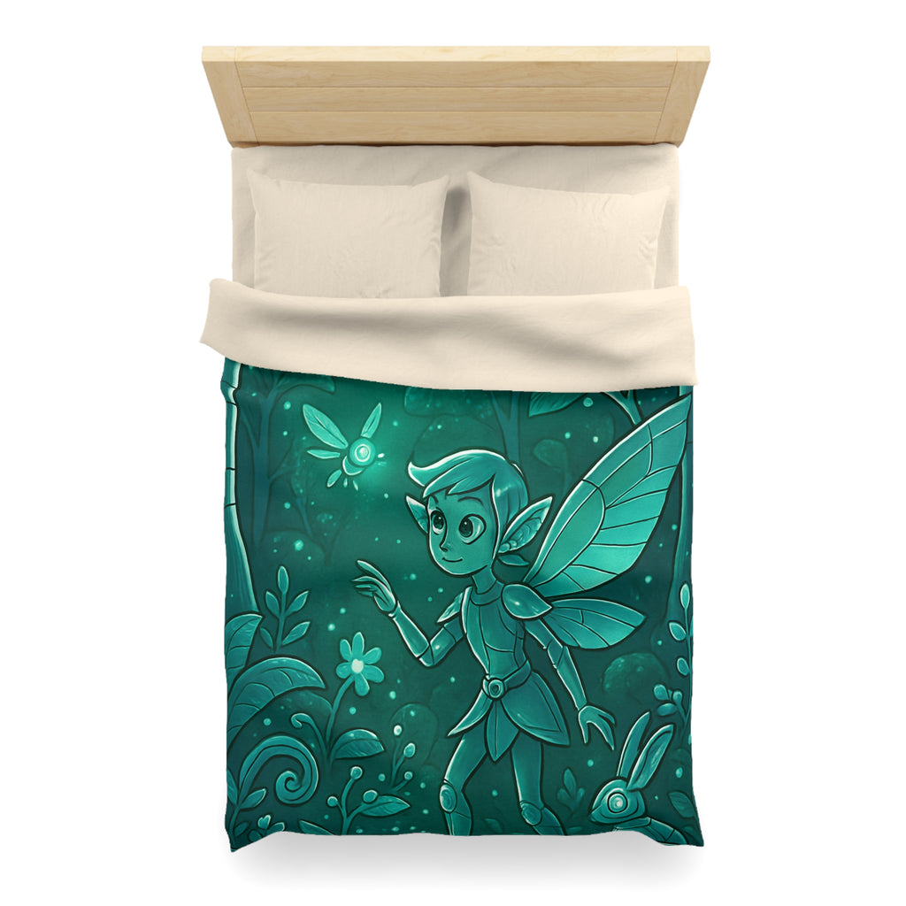 Housse de couette verte magique avec fée, papillon et forêt enchantée, ambiance nocturne