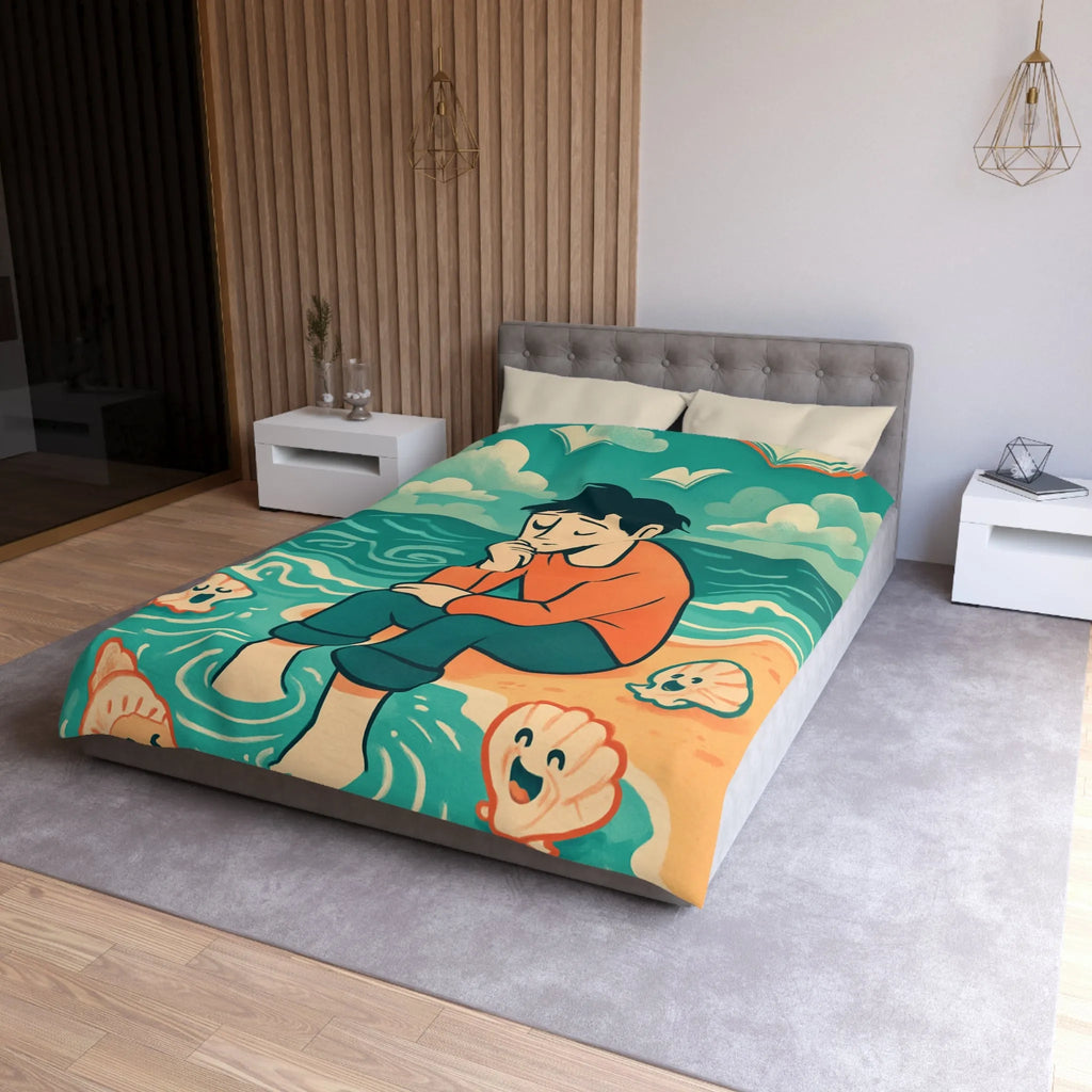 Housse de couette avec illustration rêveuse garçon pensif et coquillages joyeux sur plage