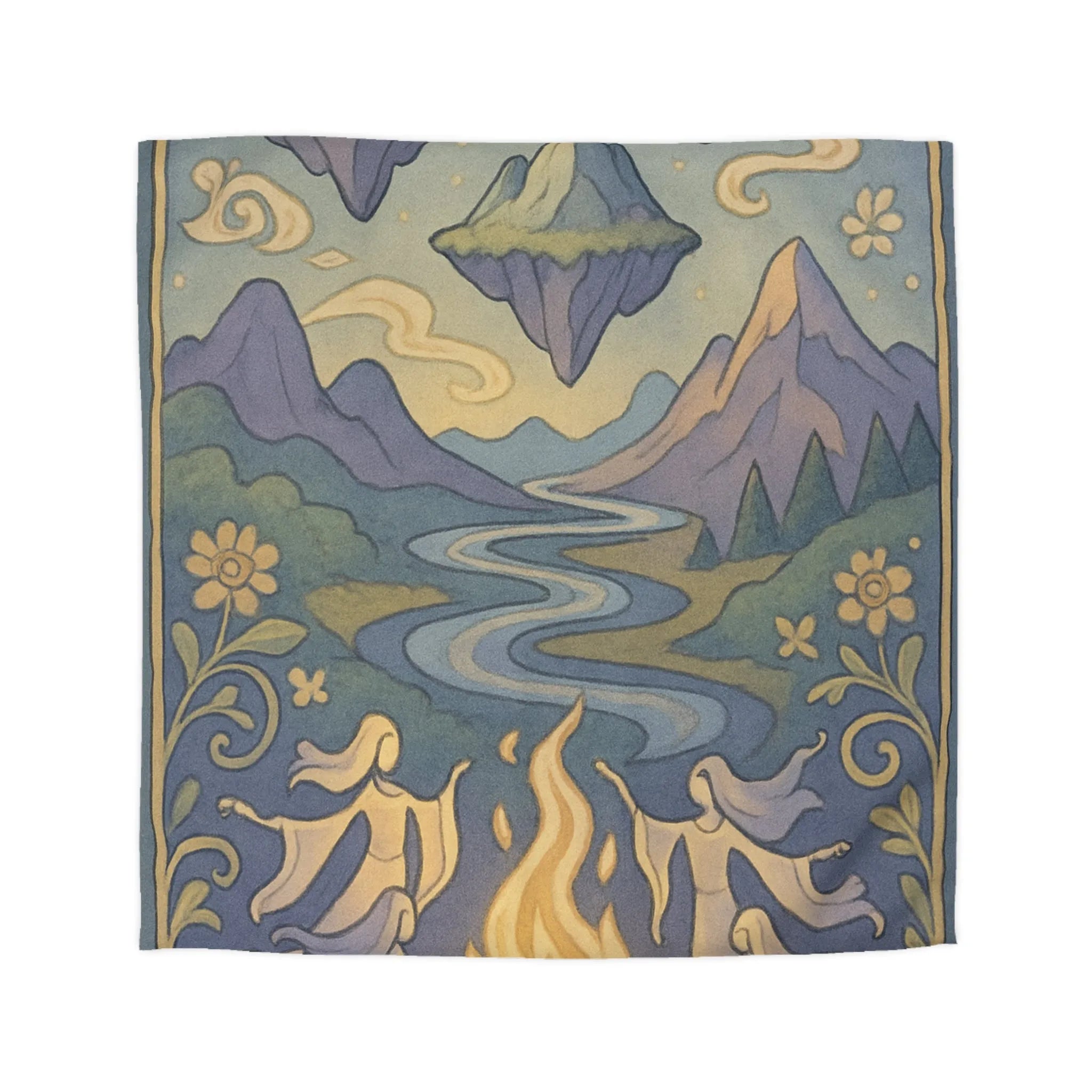 Housse de couette artistique avec montagnes flottantes et paysage féerique sous les étoiles