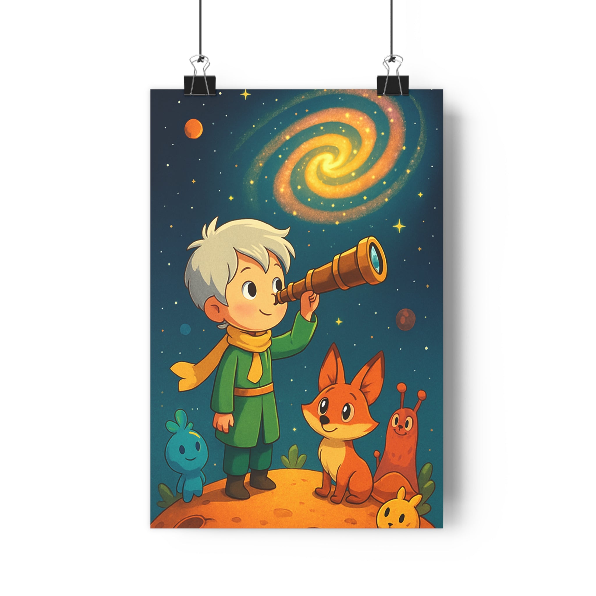 Poster décoratif aventurier cheveux blancs vert jaune renard orange créatures colorées galaxie étoilée enfant