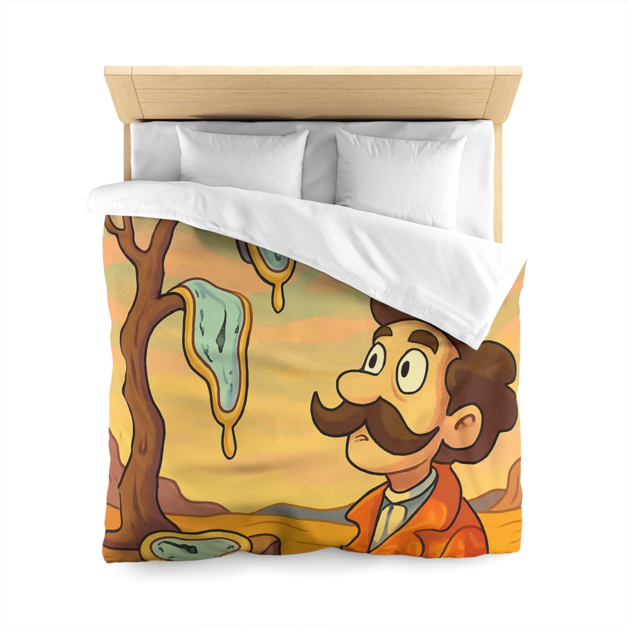 Housse de couette style surréaliste avec montres molles et paysage désertique vibrant