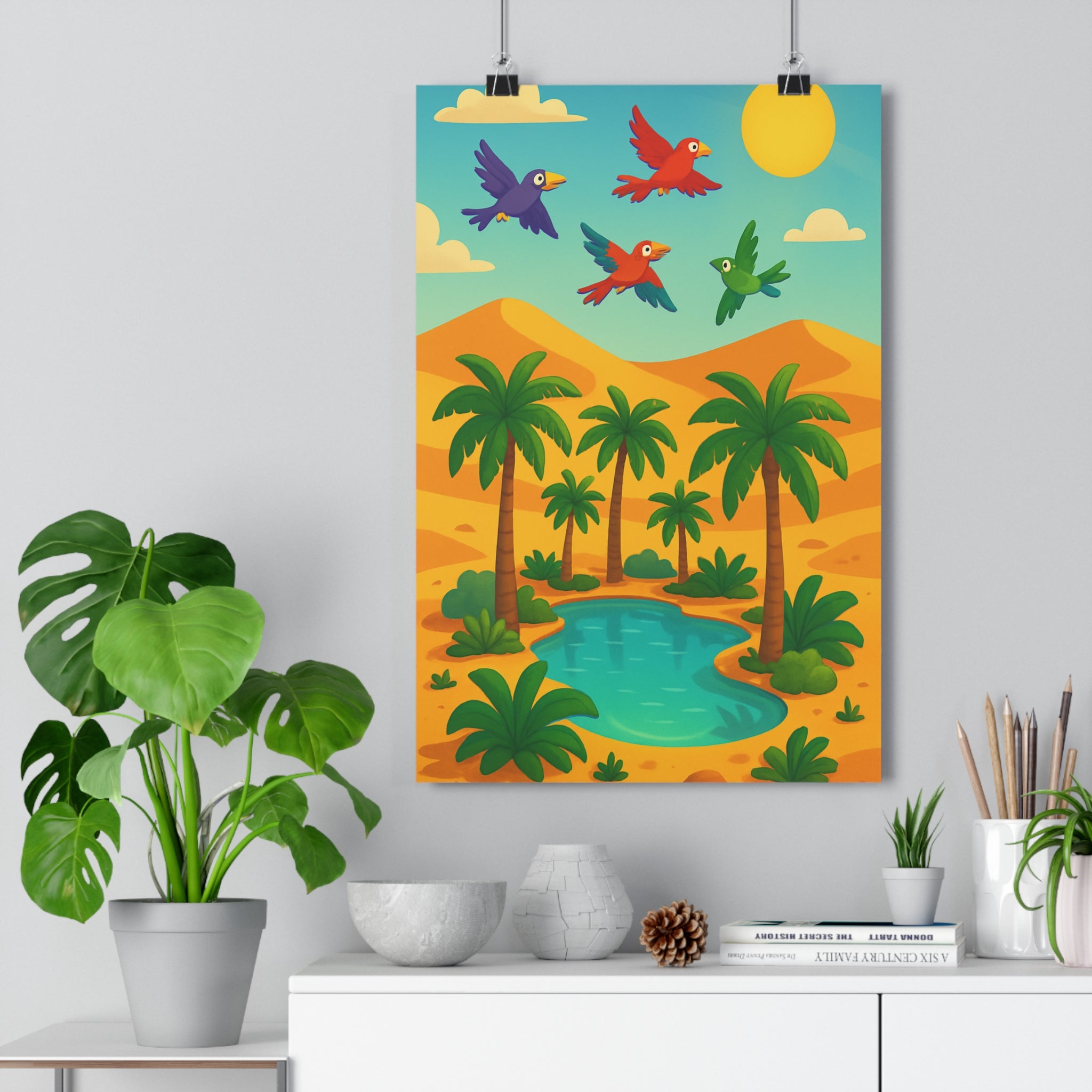 Poster décoratif oasis désert palmiers verts bleu ciel cartoon joyeux salon chambre bureau enfants