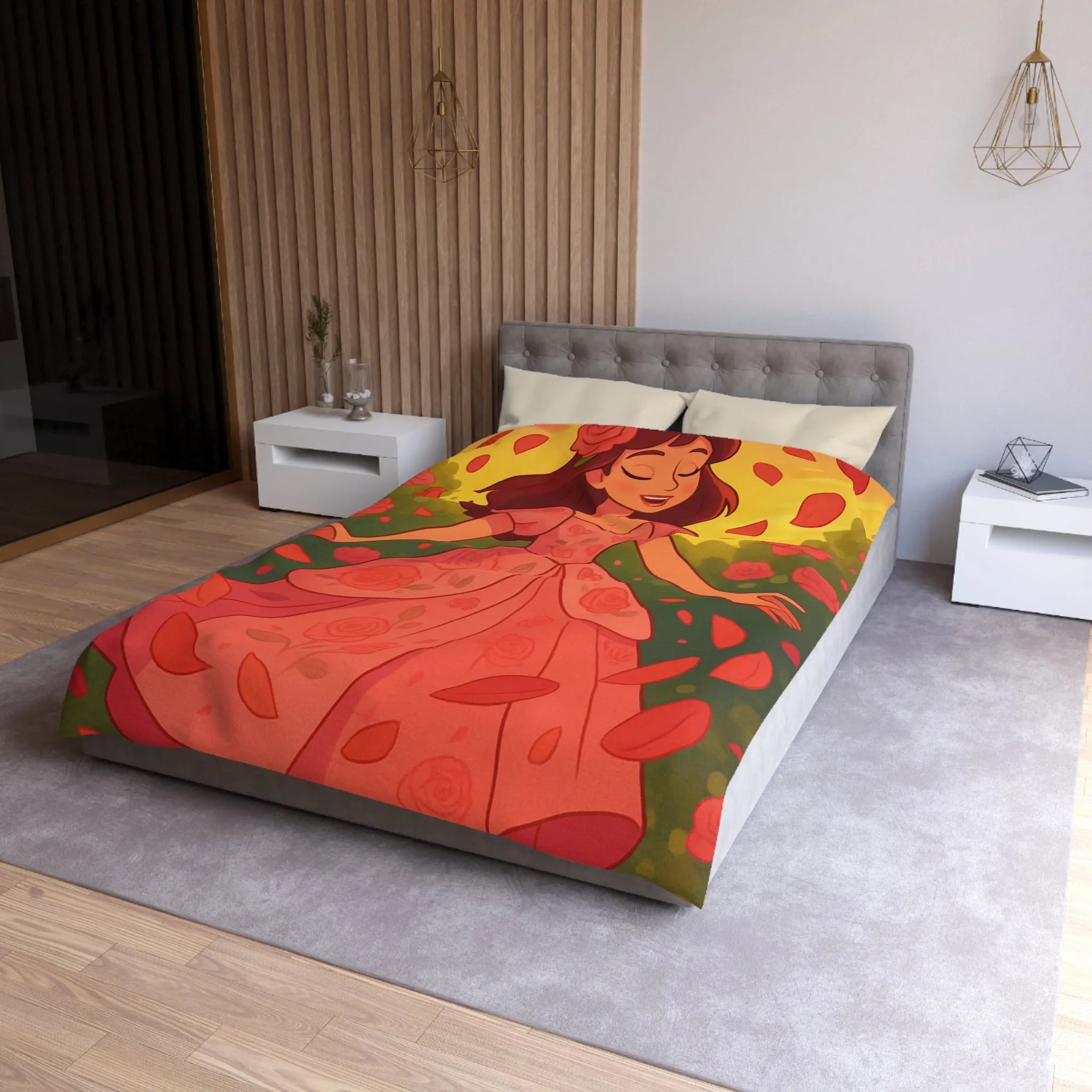 Housse de couette délicatement illustrée avec motif de danse joyeuse parmi les roses rouges