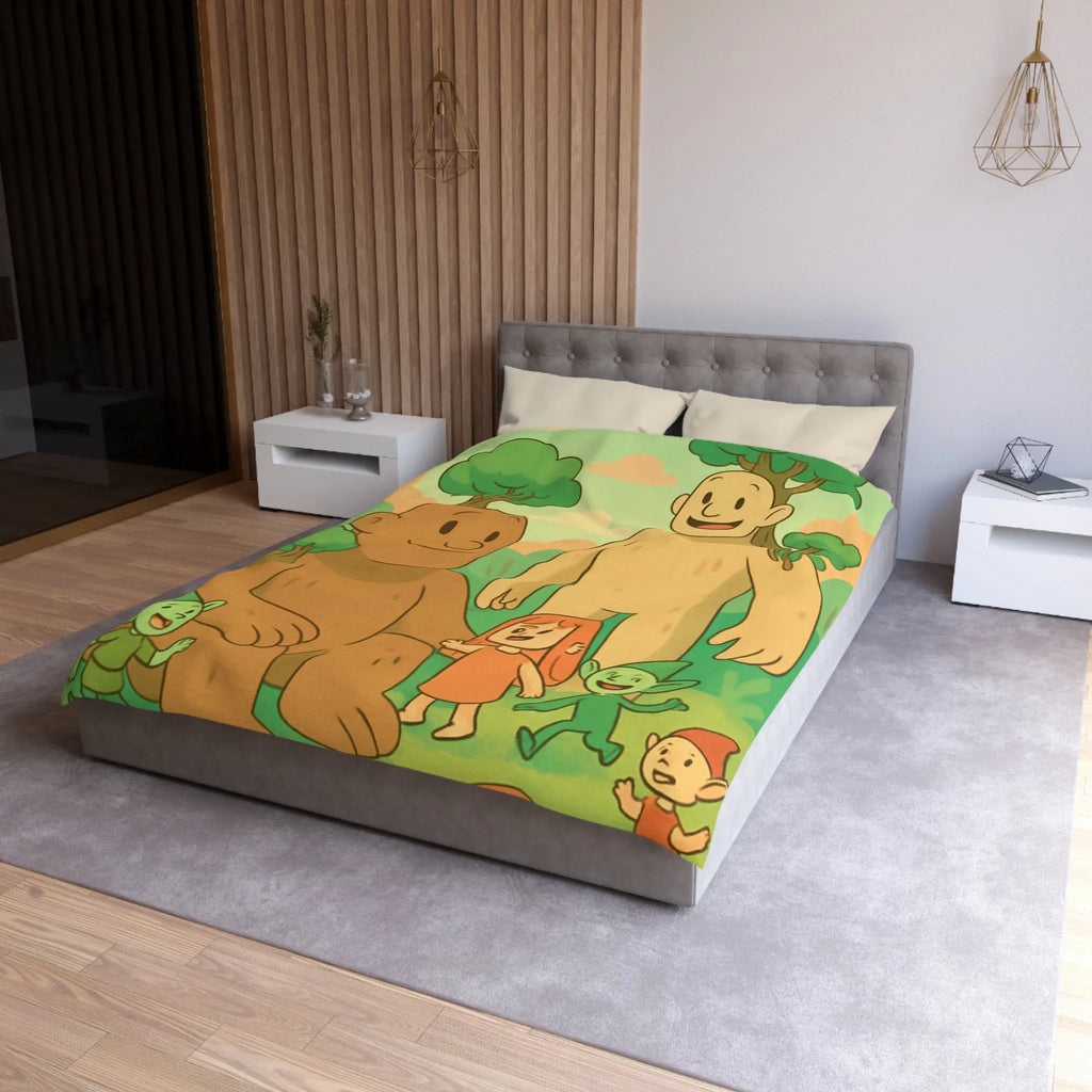 Housse de couette fantastique avec géants arborés et lutins dans une forêt enchantée