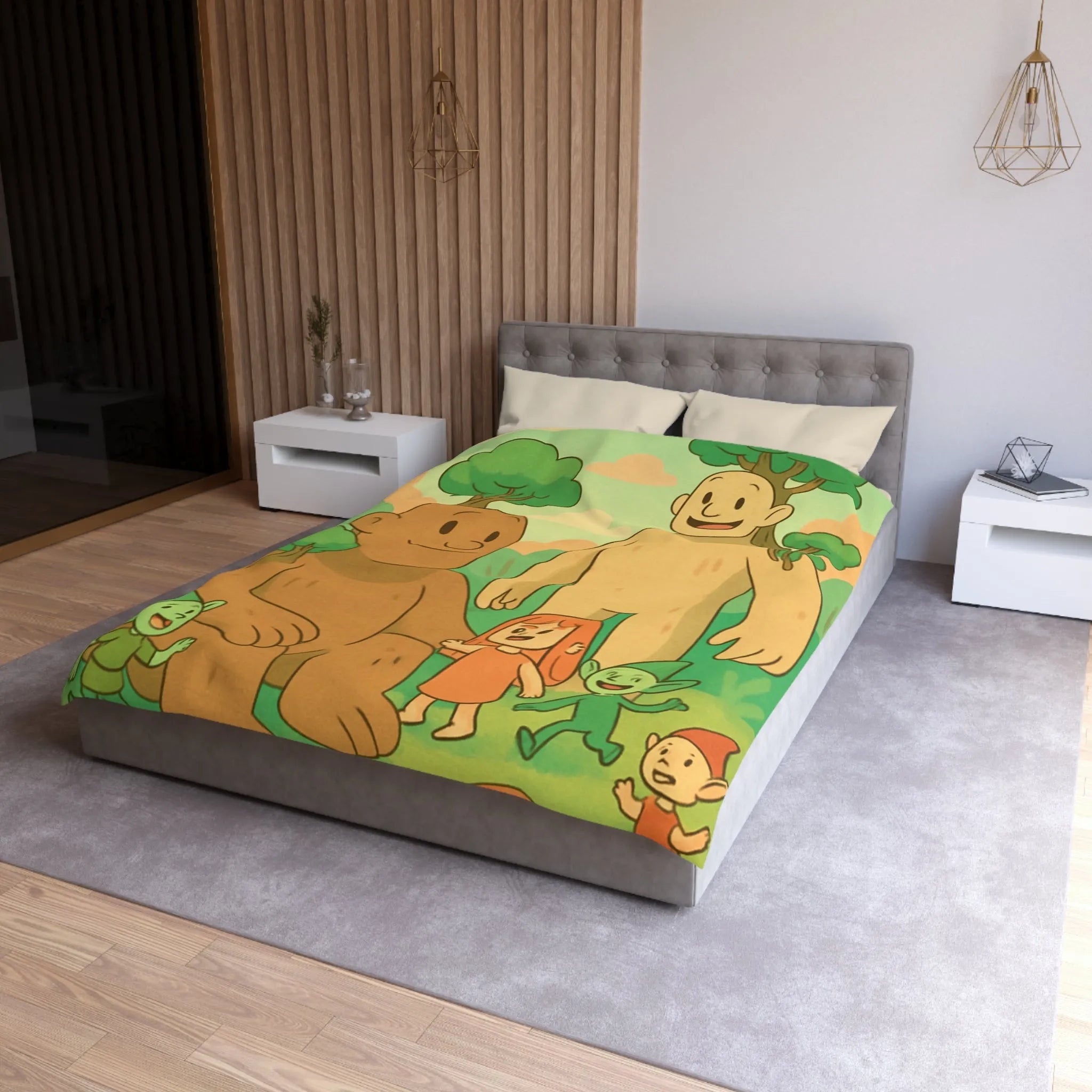 Housse de couette fantastique avec géants arborés et lutins dans une forêt enchantée