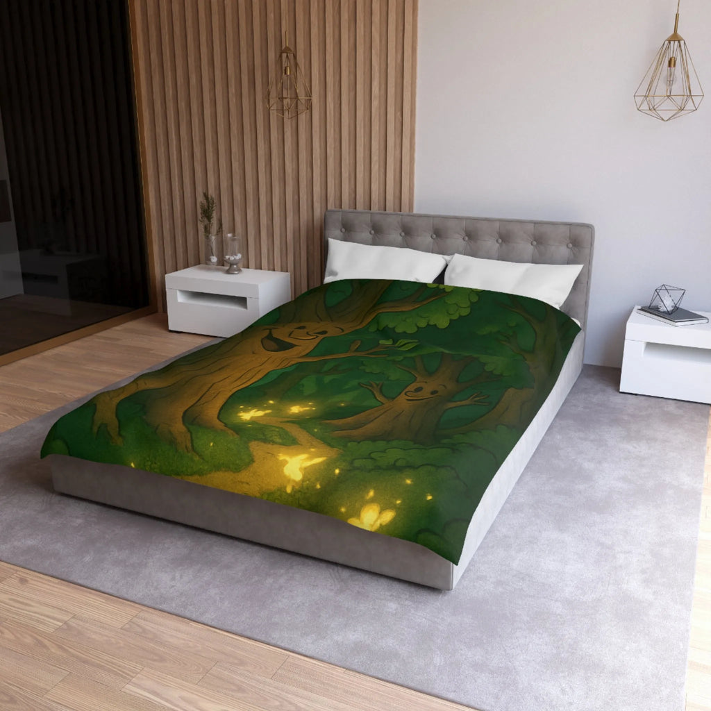 Enchanting Cartoon Forest Scene with Smiling Trees and Glowing Fireflies at Night