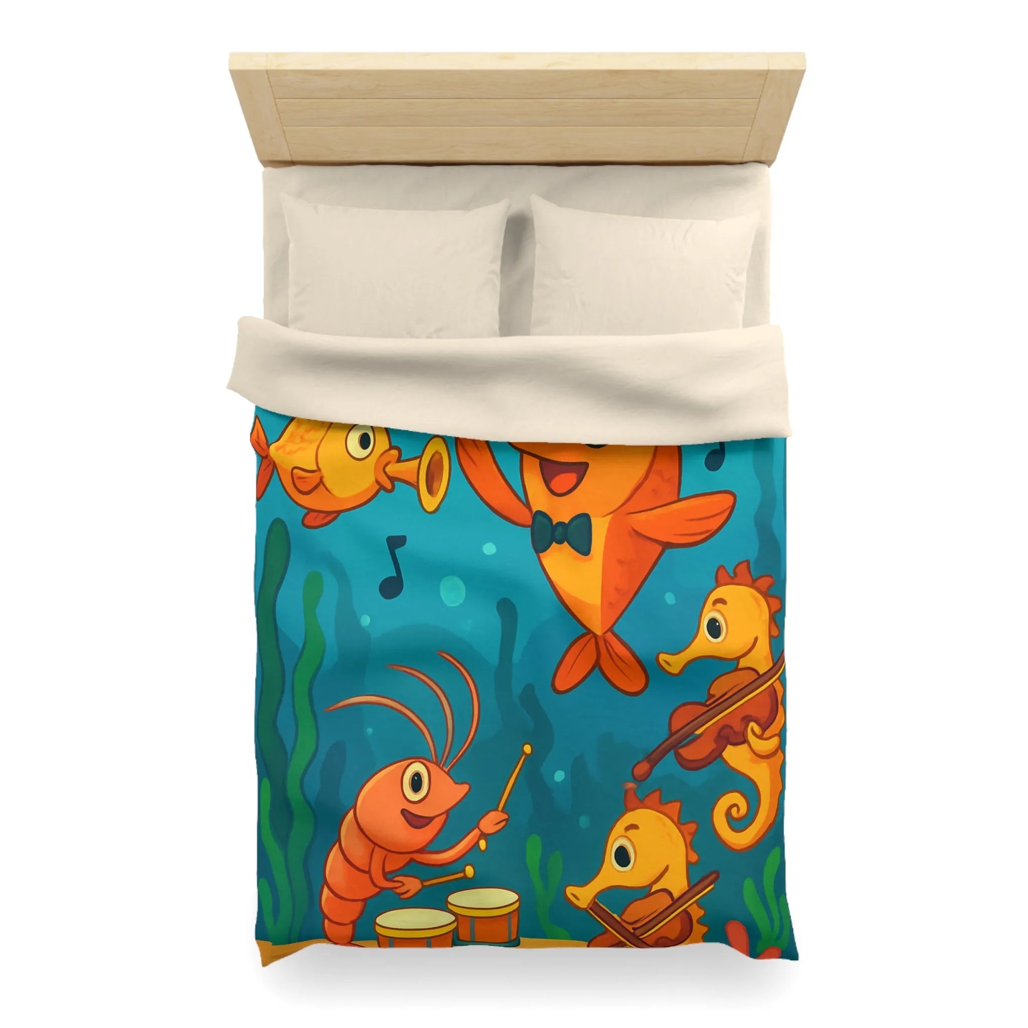 Housse de couette ludique pour enfants avec orchestre sous-marin de poissons et hippocampes