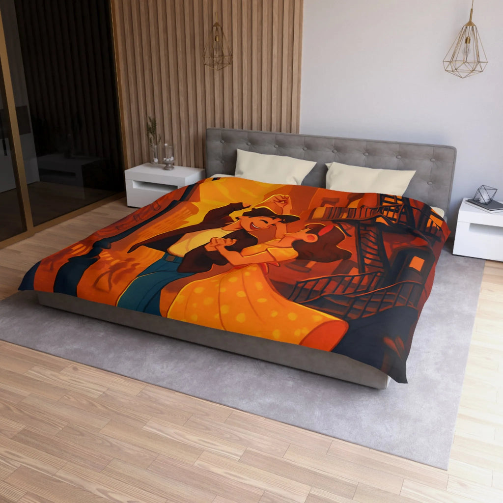 Danse romantique rétro sous réverbère vintage, ambiance urbaine crépusculaire charmante et nostalgique